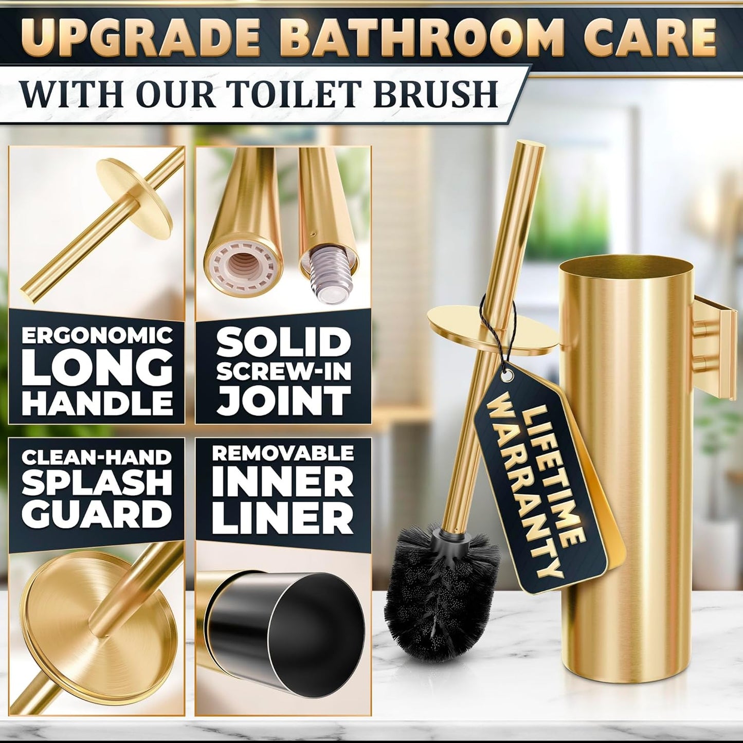 Gold Toilet Brush and Holder Set with Wall Mount - Modern Wall Mounted Toilet Brush Made from Corrosion-Resistant Stainless Steel - Removable Inner Bowl, Splash Protection & Dense Bristles Supplied