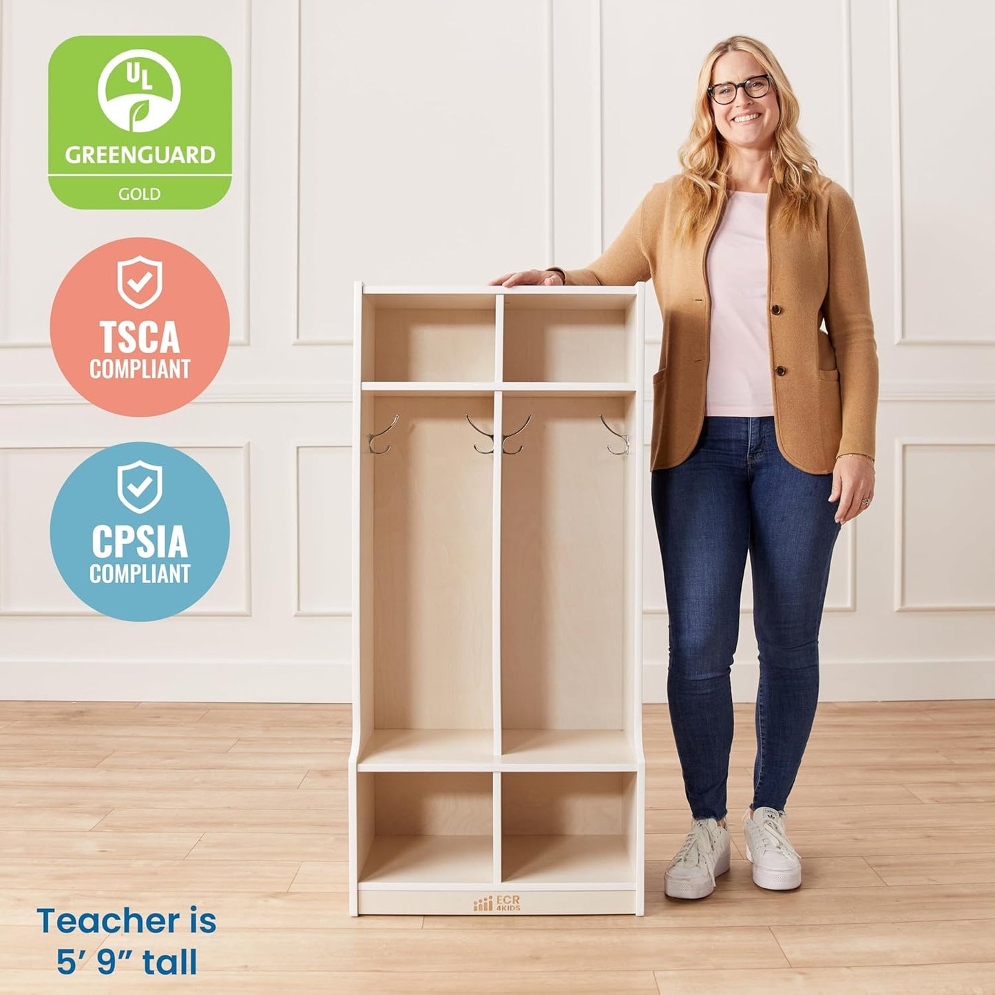 ECR4Kids 2-Section Coat Locker with Bench, Classroom Furniture, White Wash