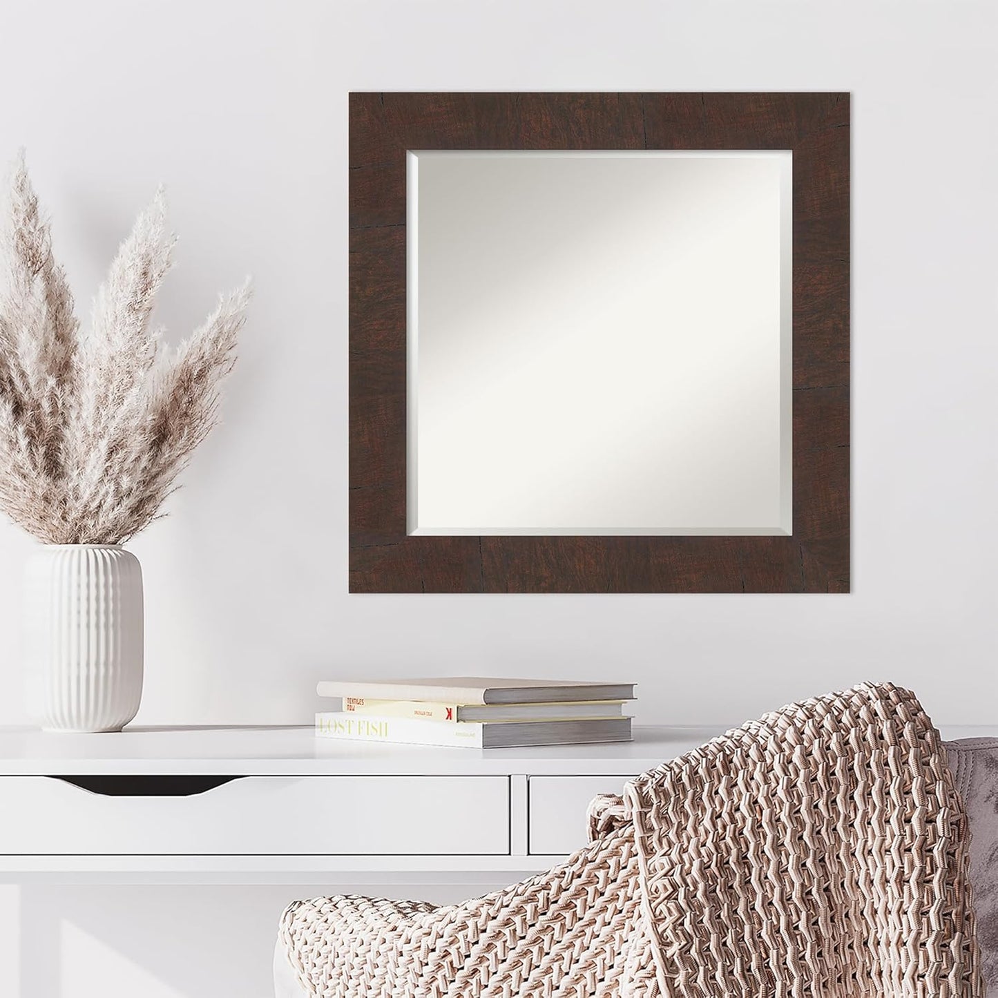 Amanti Art Brown Wall Mirror 25x25 Wildwood Brown Square Bathroom Mirror for Wall Decor Living Room, Medium Rustic Farmhouse Frame, Hangs Horizonally and Vertically, Bathroom Decor, Beveled Edge
