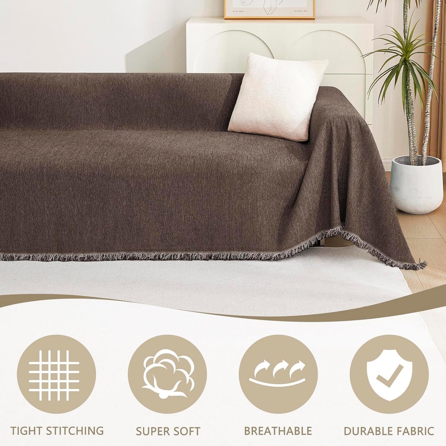 MYSKY HOME Couch Covers for 2 Cushion Couch Sectional Sofa, L Shape Sofa Protector Deep Chocolate Chenille Couch Cover, Sofa Covers Washable Blanket with Tassel Pet Couch Cushion Cover, 71"X102"