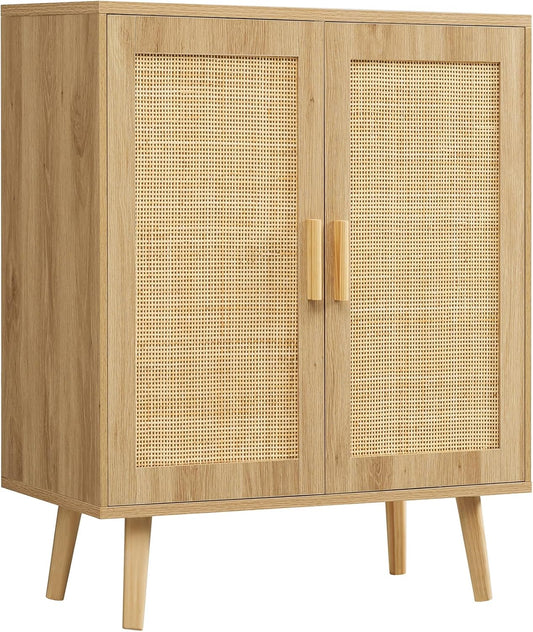 Iwell Storage Cabinet with 2 Shelves, Rattan Cabinet with 2 Doors, Sideboard Buffet Cabinets with Storage for Living Room, Dining Room, Entryway, Natural