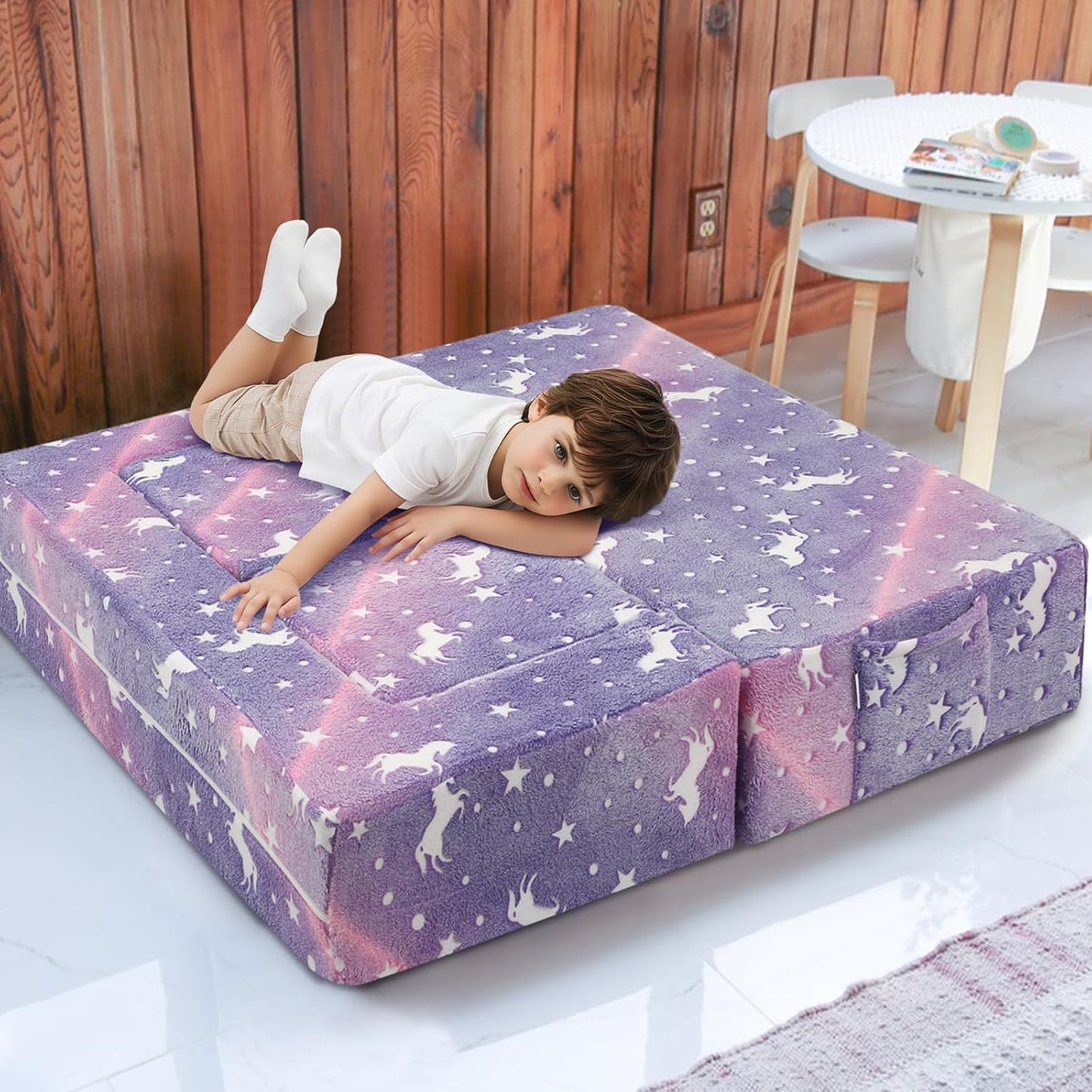 MeMoreCool Unicorn Modular Kids Couch, Glow Rainbow Play Toddler Couch for Bedroom, Convertible Foam Kids Sofa Bed, Fold Out Baby Sofa for Girl Boy, Purple