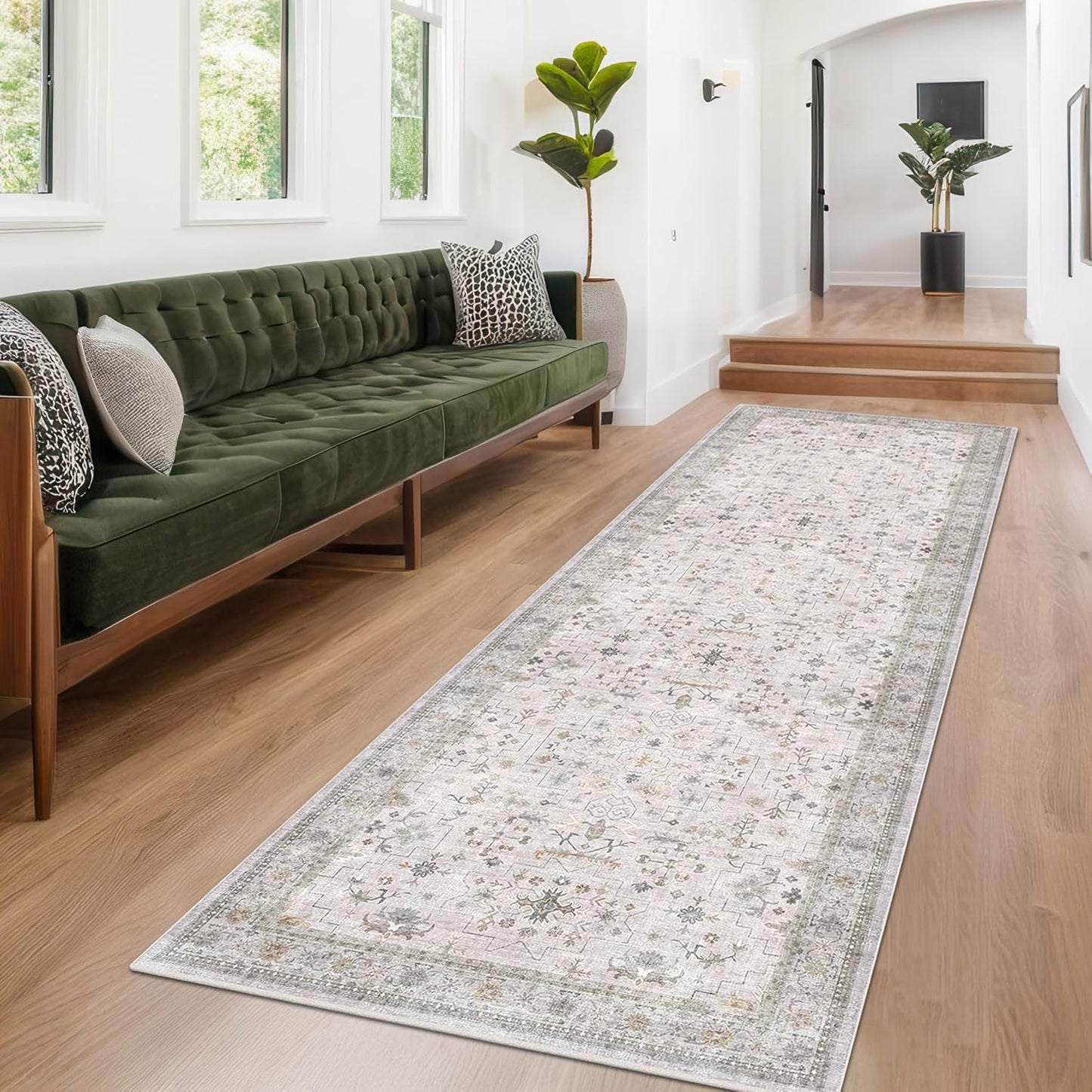 Boho 3x16 Wide Hallway Runner - Light Gray and Taupe, Washable Low Pile Non Slip Stain Resistant 16ft Runner Rug for Long Kitchen, Hall Way, Floral Decor