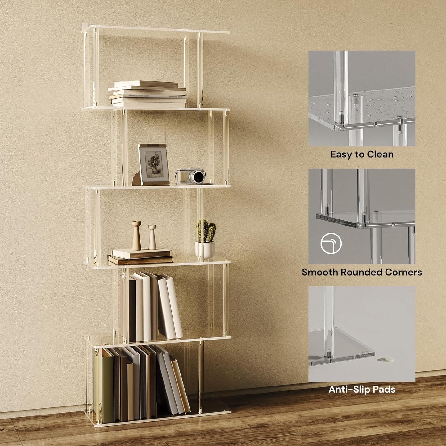 Acrylic Geometric Bookshelf, 6-Tier Clear Bookcase, S Shaped Bookshelf, Modern Display Book Shelf for Living Room, Bedroom, Office, 9.3" D x 22.4" W x 61.46" H, Easy Assembly