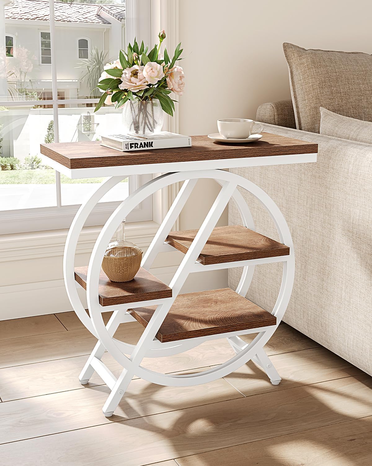 LITTLE TREE End Table, Narrow Side Table with 4-Tier Large Storage Space, Modern Bedside Table for Living Room, Home Office, Bedroom, Brown and White