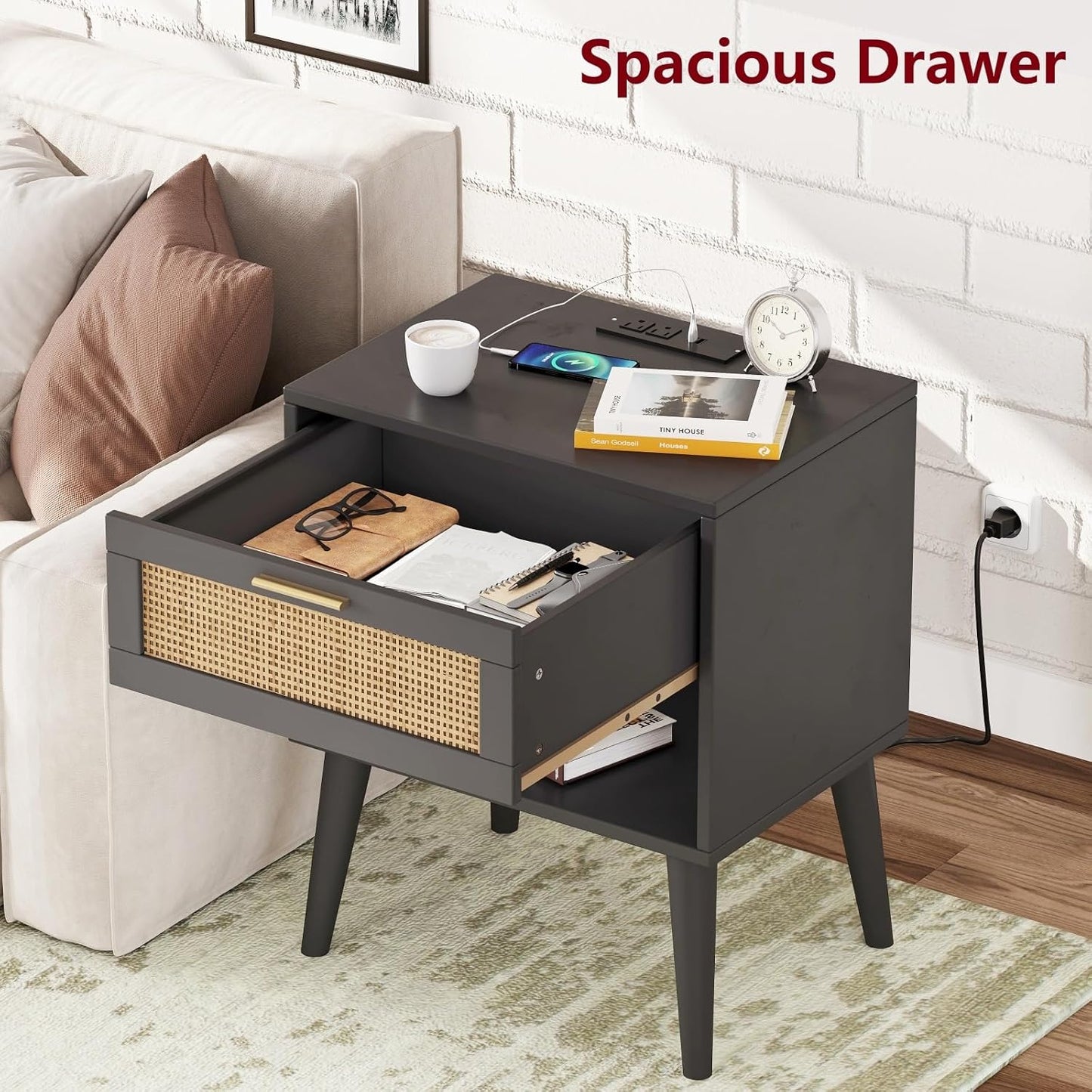 Irontar Nightstand Set of 2, Bedroom Night Stand with Charging Station & Rattan Drawer, Boho Style Bed Side Tables with Solid Legs, Accent End Table with Open Storage, Black and Natural BZZ007BME02