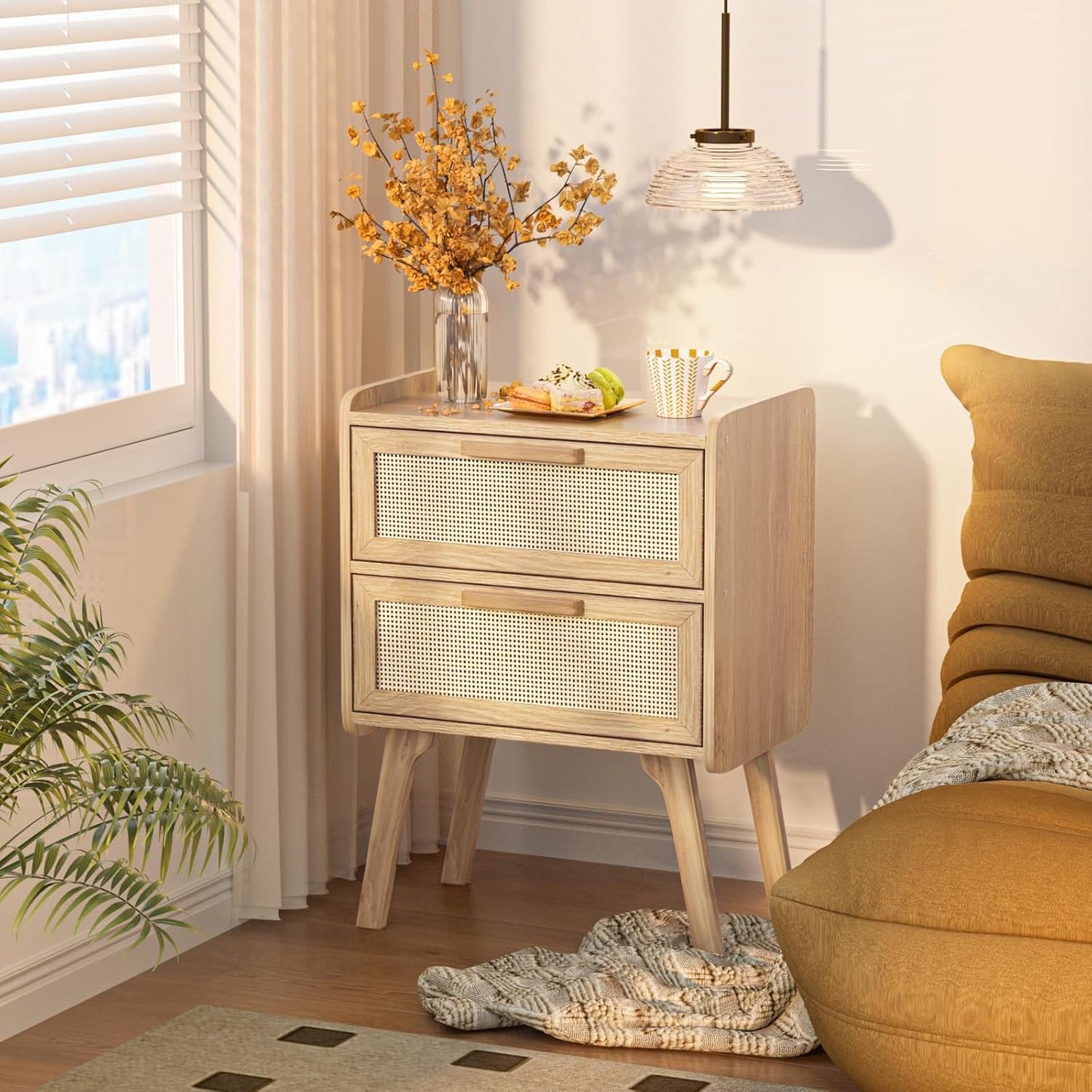 Lerliuo Rattan Nightstands Set of 2, Boho Night Stand with 2 Drawers, Cane Accent Side End Table, Bedside Table with Solid Wood Legs for Bedroom, Dorm and Small Spaces (Natural)