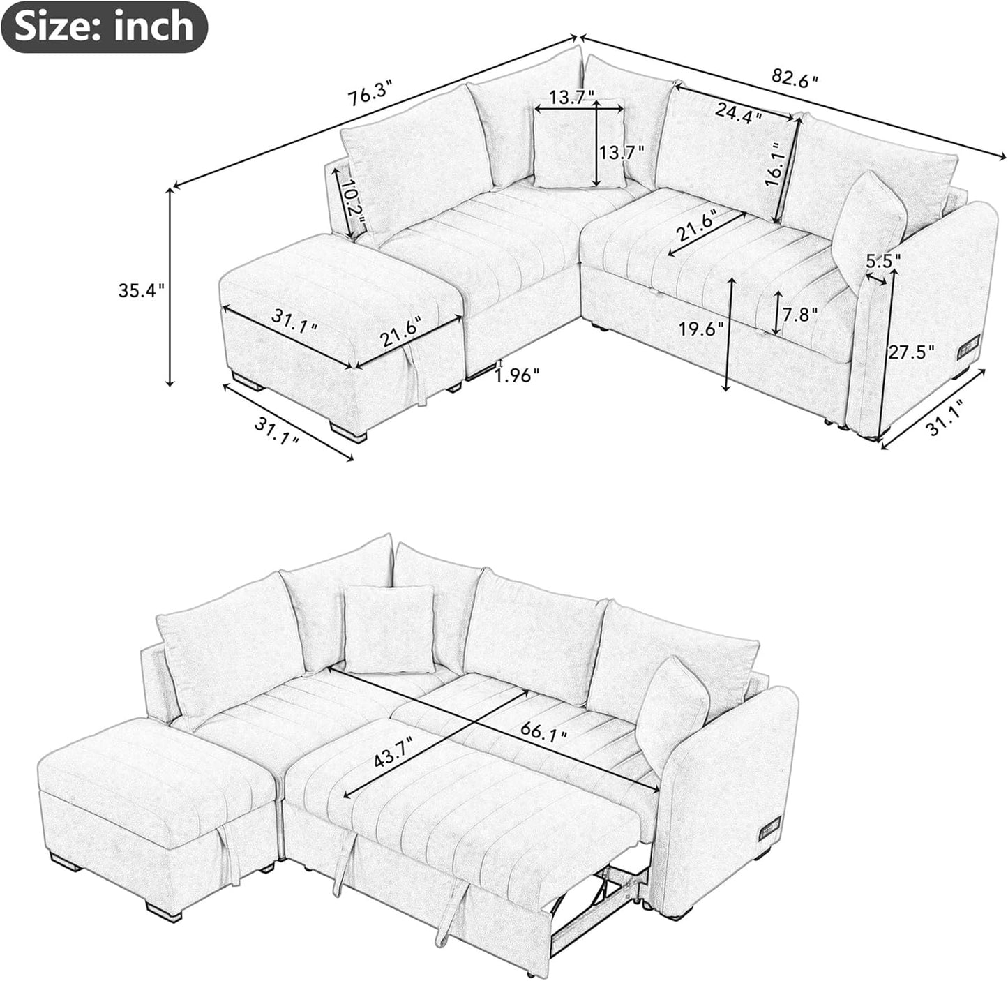 Ball & Cast L-Shaped Sectional Pull Out Sofa with Two USB Ports,4-Seater Convertible Couch w/Power Sockets and Movable Storage Ottoman,for Living Room,Apartment,Grey