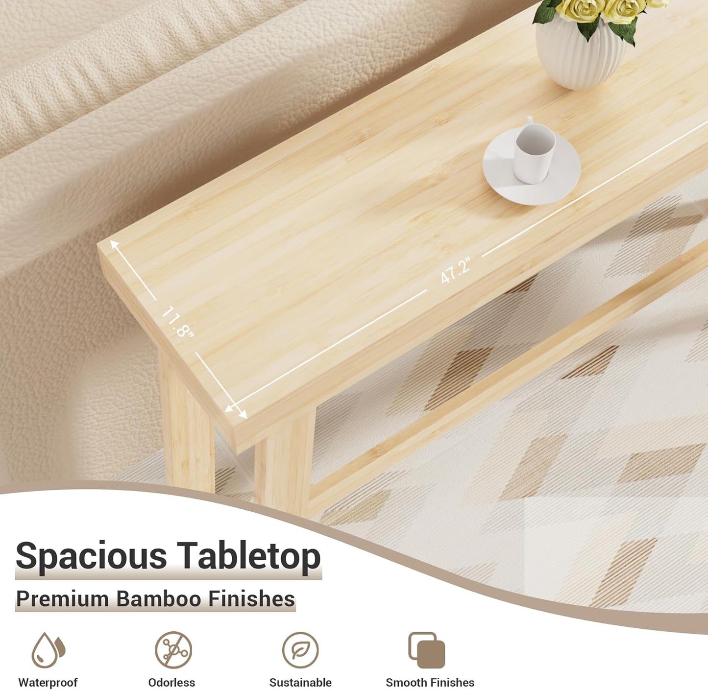 Bamboo Wood Entryway Table 47.2" Console Table, Narrow Sofa Table with Support Beam for Entrance, Hallway, Living Room, Bedroom, Foyer(Natural)