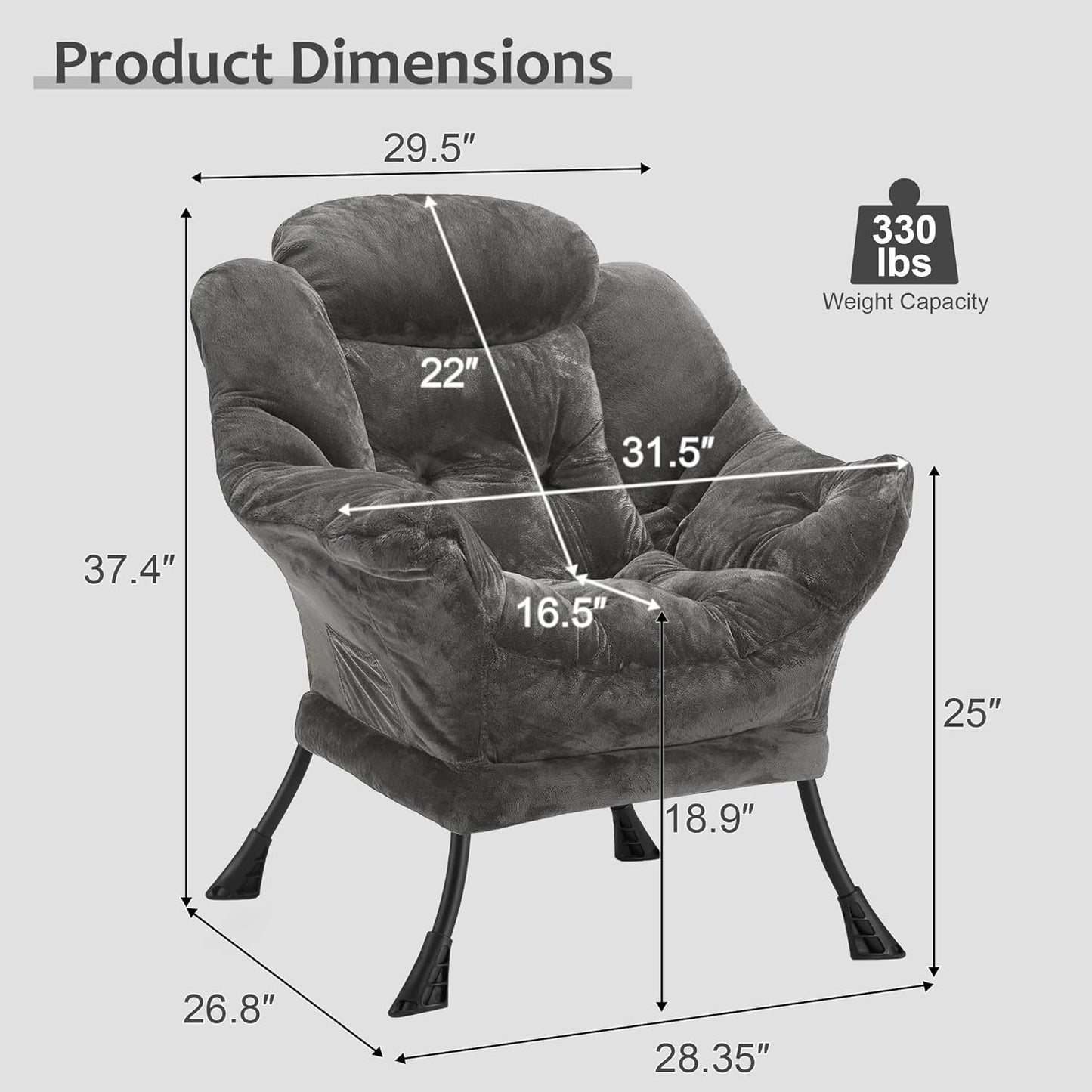 Fabric Lazy Chair for Adults, Oversized Upholstered Sofa Chair, Plush Comfy Lounge Chair with Large Side Storage Pocket, Thick Padded Reading Chair for Living Room, Bedroom, Office, Dark Gray