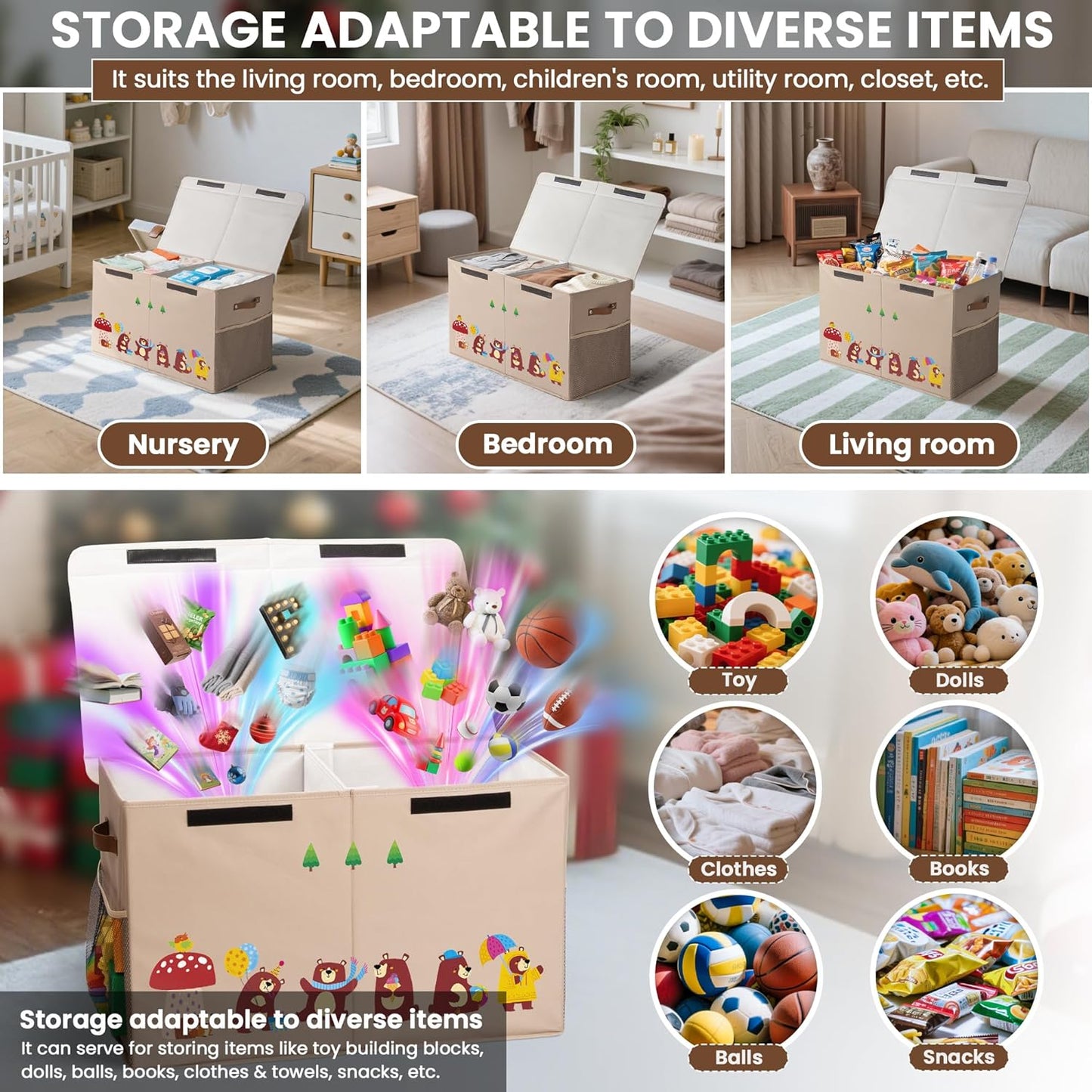 80L Large Toy Storage Box with Lid, Large Toy Box Chest for Kids, Girls and Boys, Nursery Room and Living Room, 26"x13" x16" (Dark Khaki-bear)