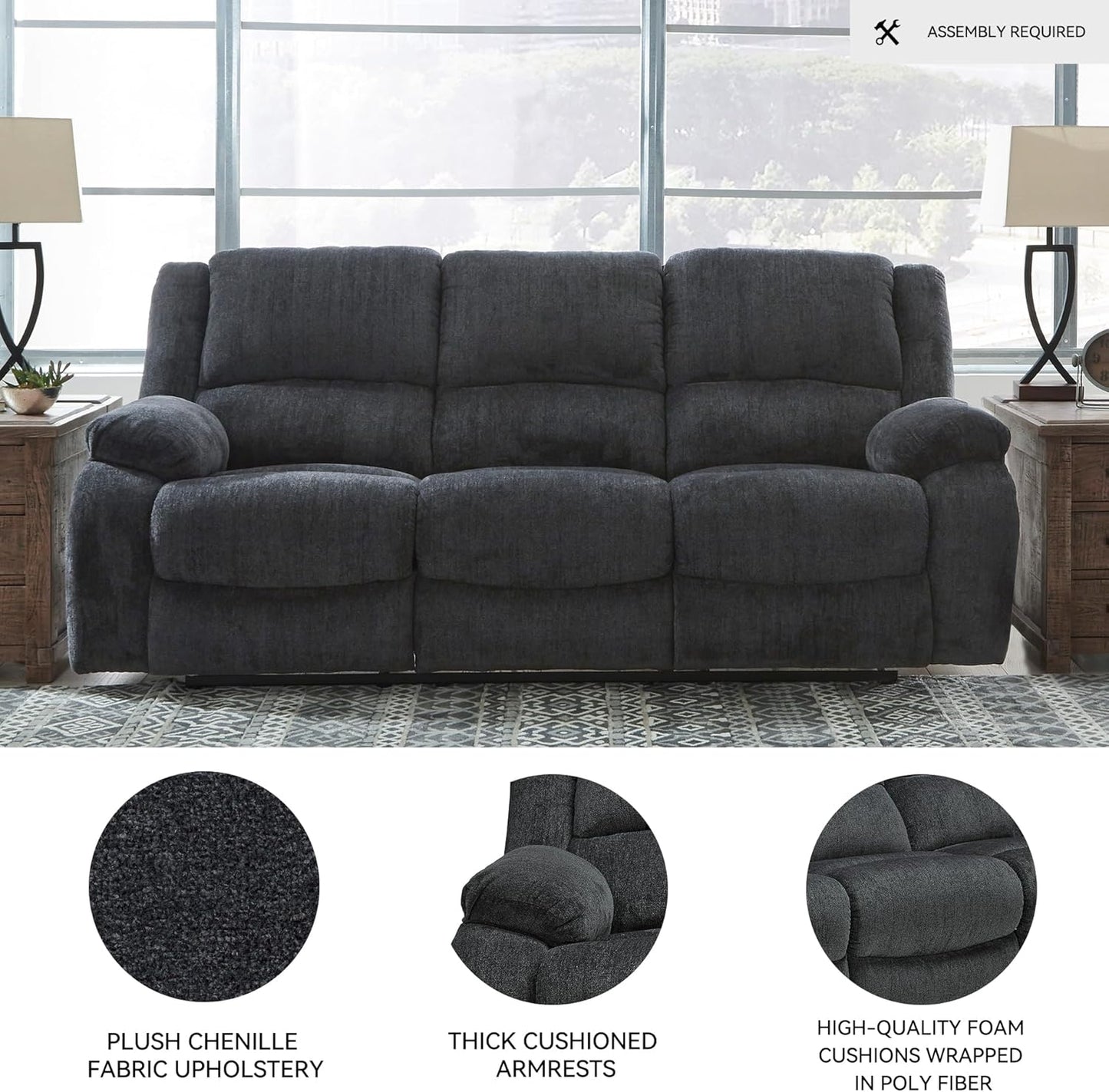 Signature Design by Ashley Draycoll Contemporary Manual Pull Tab Reclining Sofa, Dark Gray