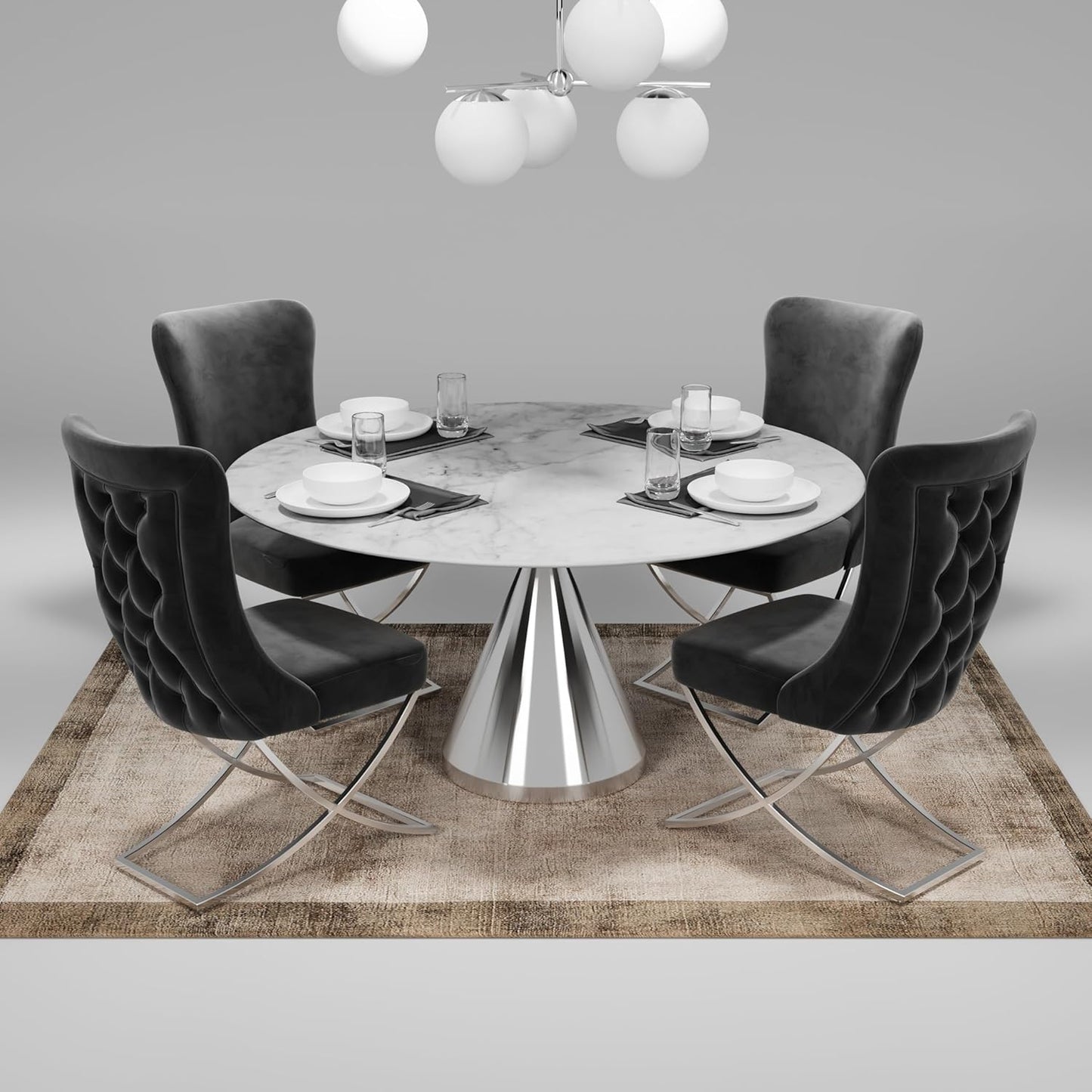 Ottomanson Royal Dining Chairs Set of 8 – Upholstered Tufted Microfiber, Assembled, Silver Metal Legs, Beech Wood Frame, 350 lb Capacity, Gray