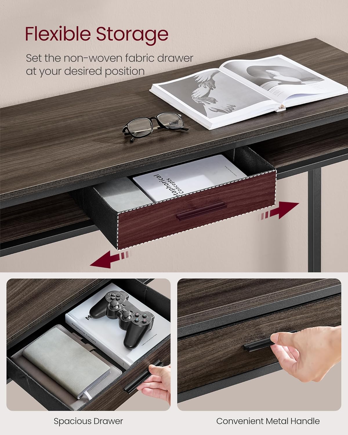 VASAGLE Bar Table with Power Outlets, 47.2 Inches Long Bar Height Pub Table, Rectangular High Top, with Movable Drawer, 2 Hooks, Narrow Storage for Kitchen, Dining, Entryway, Ash Brown