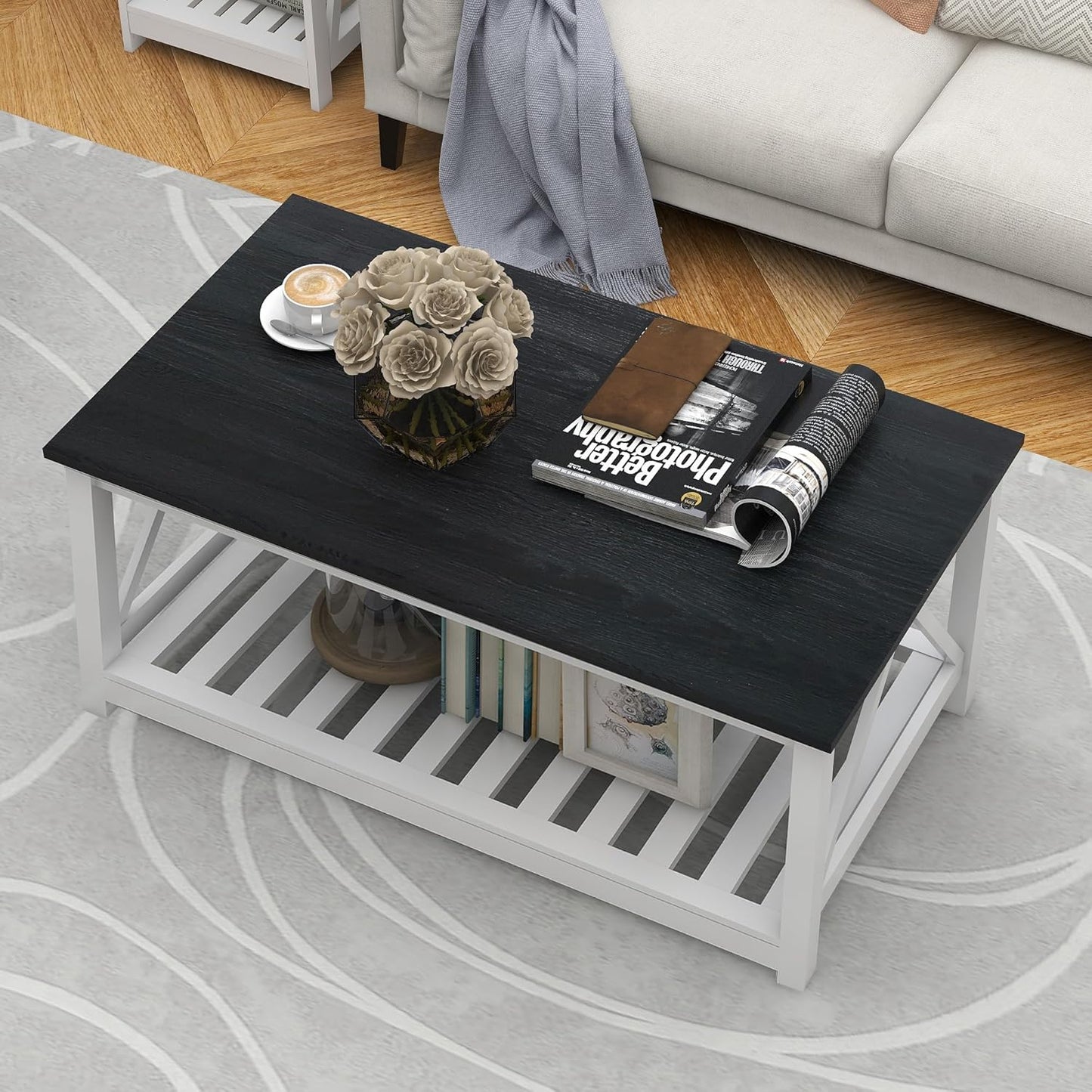 Farmhouse Coffee Table for Living Room, 2-Tier Rectangular Wooden Centre Cocktail Table with Slats Shelf Storage and V-Shaped Frame, Oak Blak