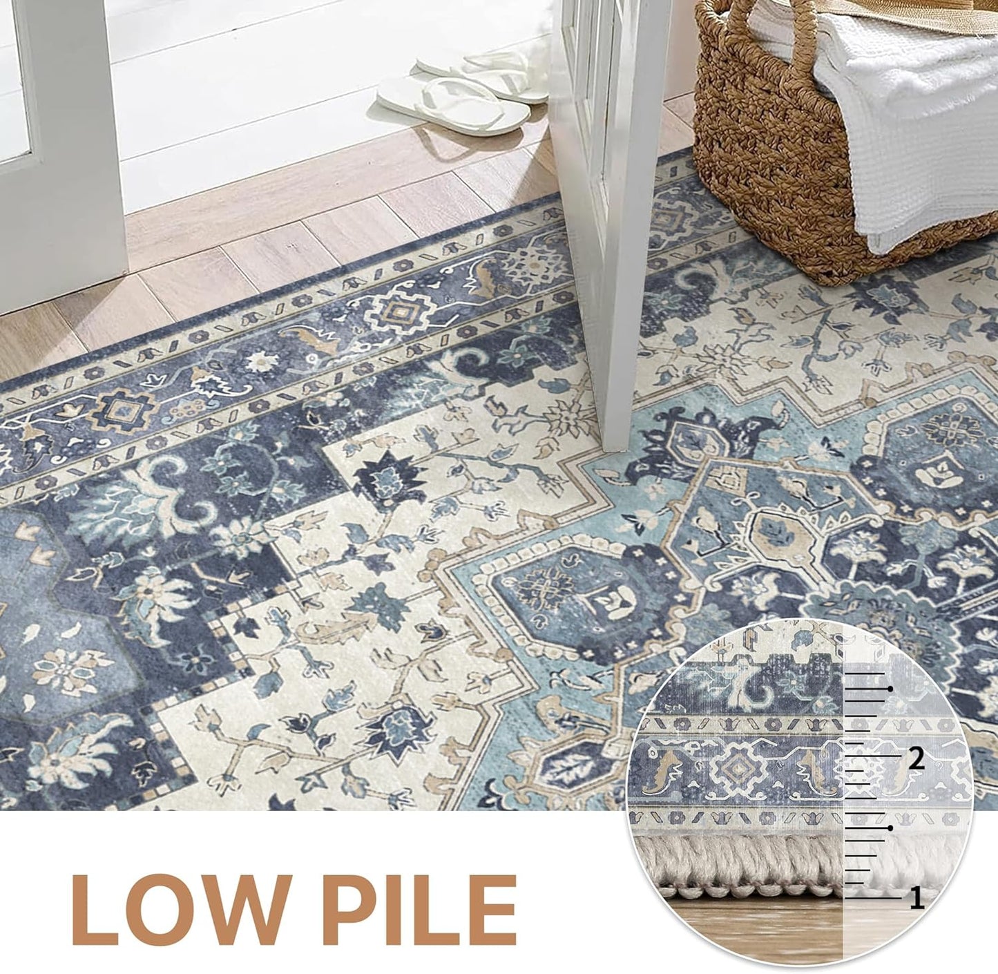 GENIMO 9x12 Area Rugs for Living Room, Machine Washable Non Slip Vintage Rugs, Low Pile Lightweight Chenille Print Rug for Bedroom, Dining Room, Home Office, Center Blue