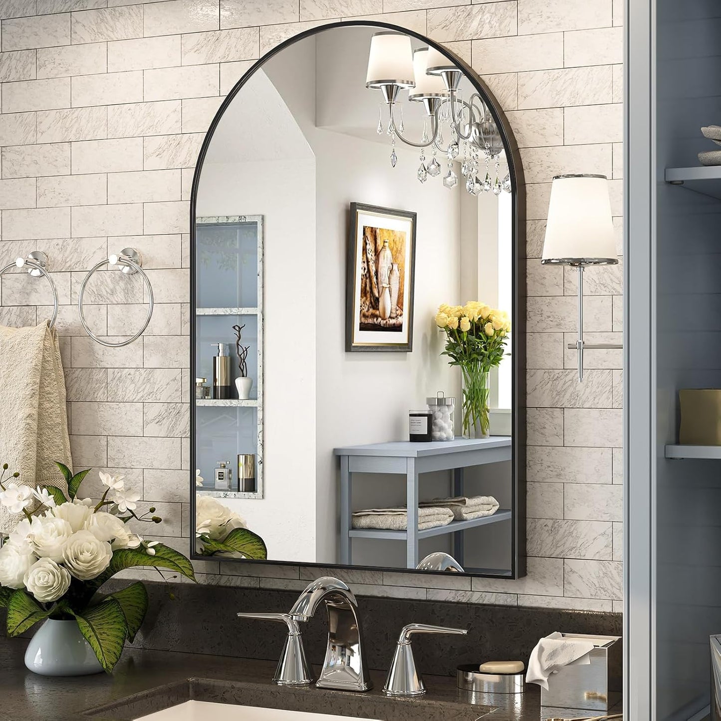 Arched Wall Mirror 24"X36", Black Bathroom Vanity Mirrors for Over Sink, Modern Farmhouse Mirror Wall Mounted, Curved Arch Design for Bedroom, Living Room & Home Decor