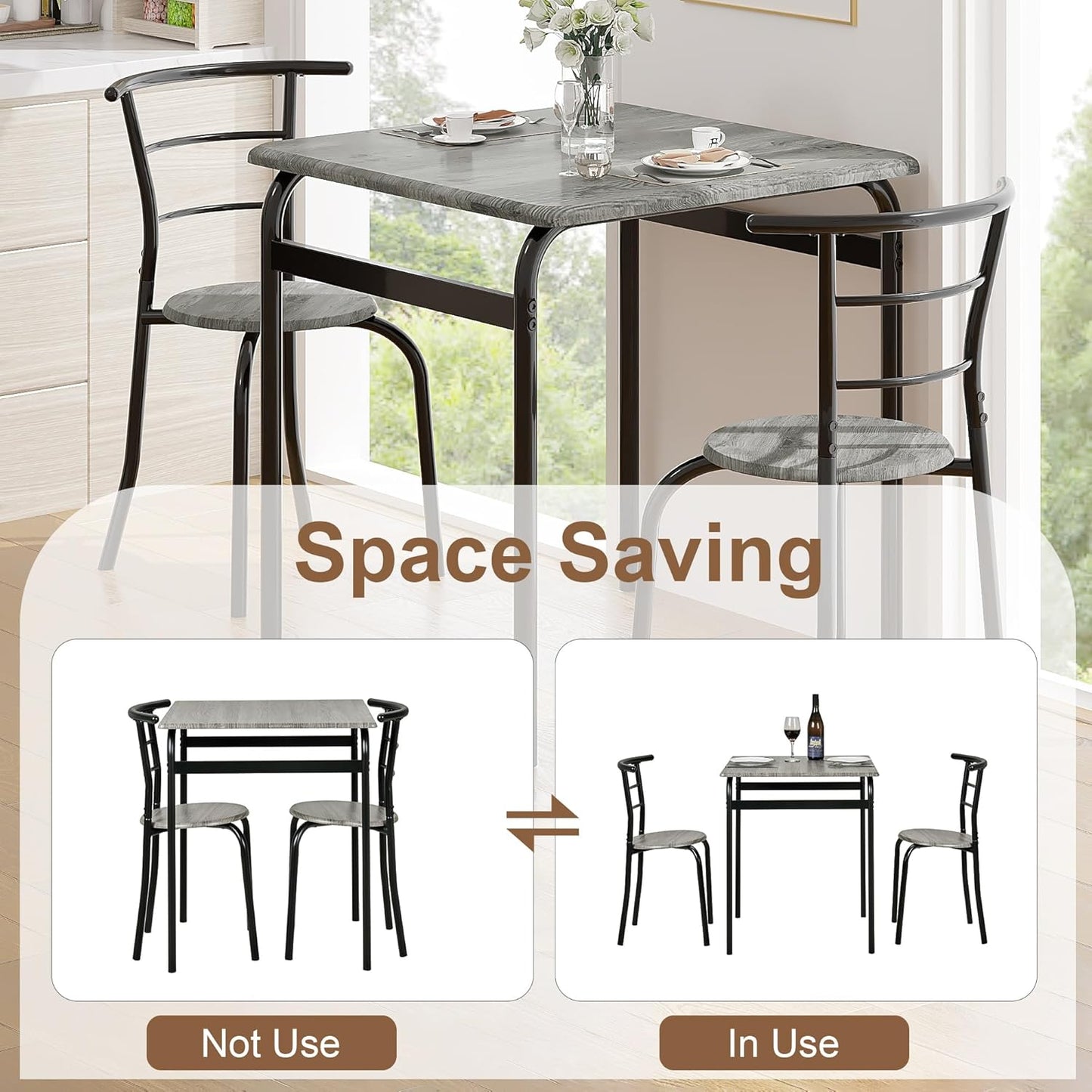 VECELO Dining Table Set for 2, 3-Piece Modern Dinette with Chairs for Small Space, Kitchen, Breakfast Nook, Rustic Grey