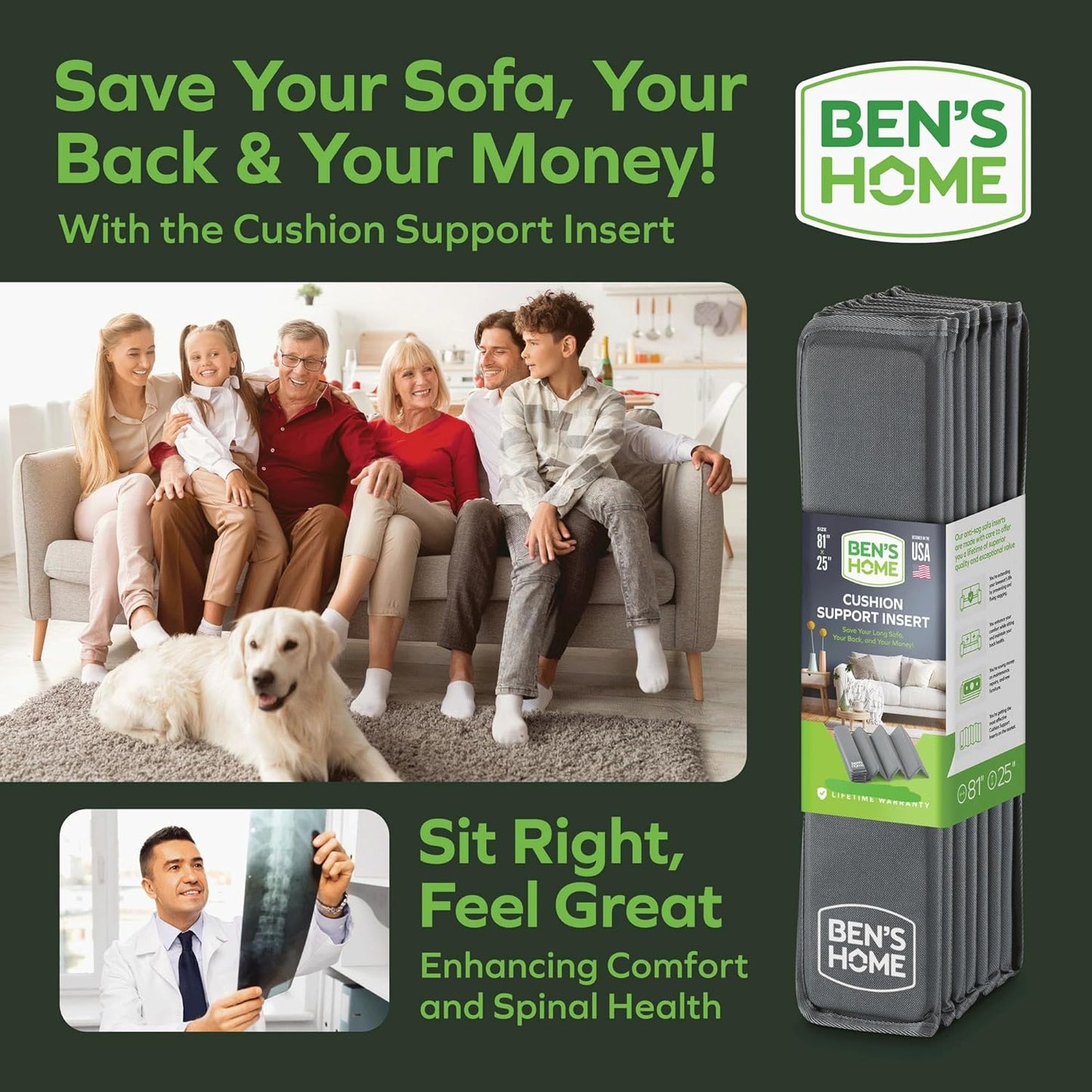 BEN'SHOME® Deep Couch Cushion Support for fix Sagging Seats - Heavy Duty Solid .5" Wood Sofa Support Board | Adjustable 68"-81" x 25" Under Cushion Insert | Non-Slip Furniture Saver | 400 LB Capacity