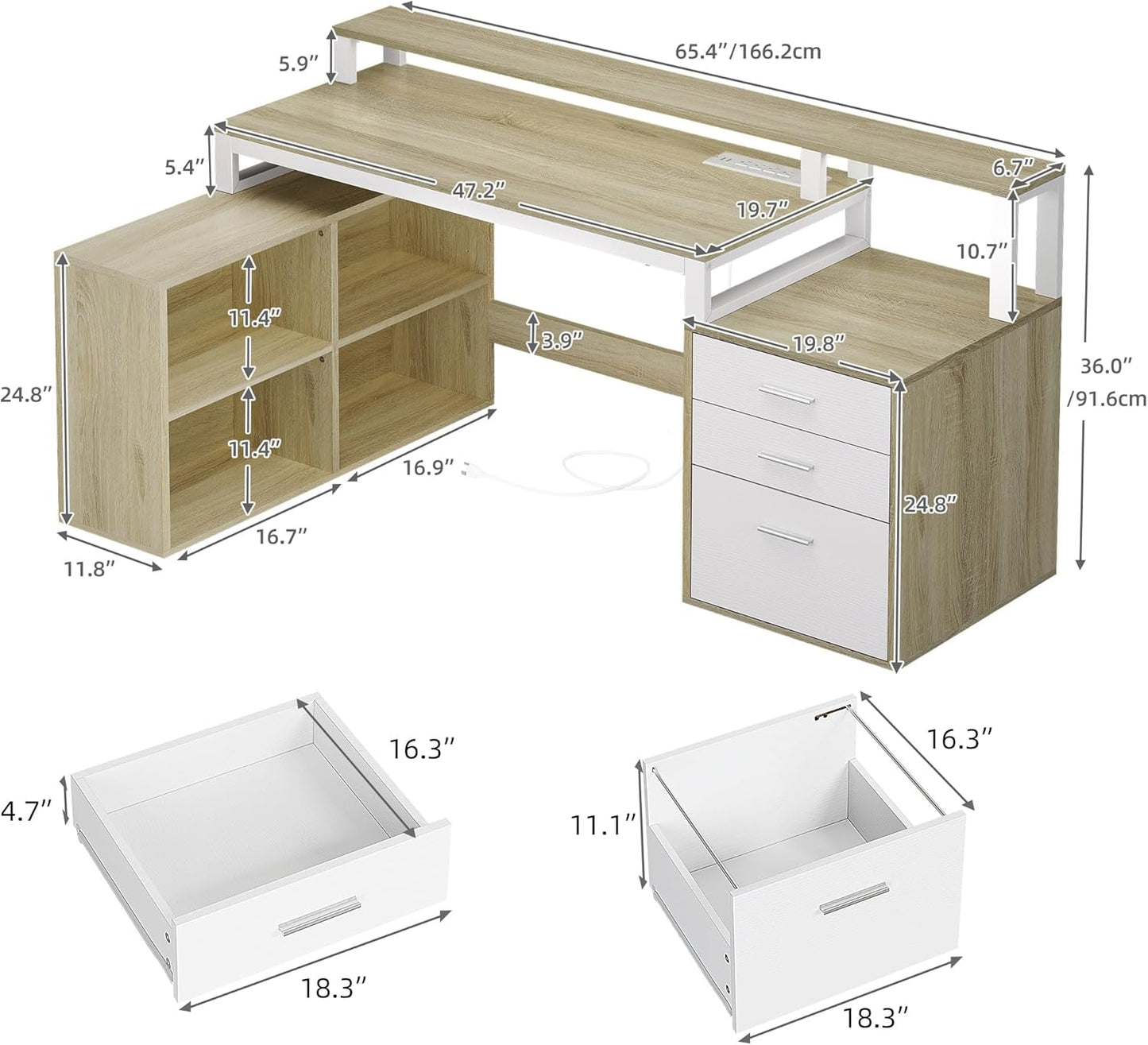 DWVO L Shaped Desk with Drawers, 65" Computer Desk with Power Outlets & LED Lights, Corner Home Office Desk with Storage Shelves & Printer Stand, White & Oak