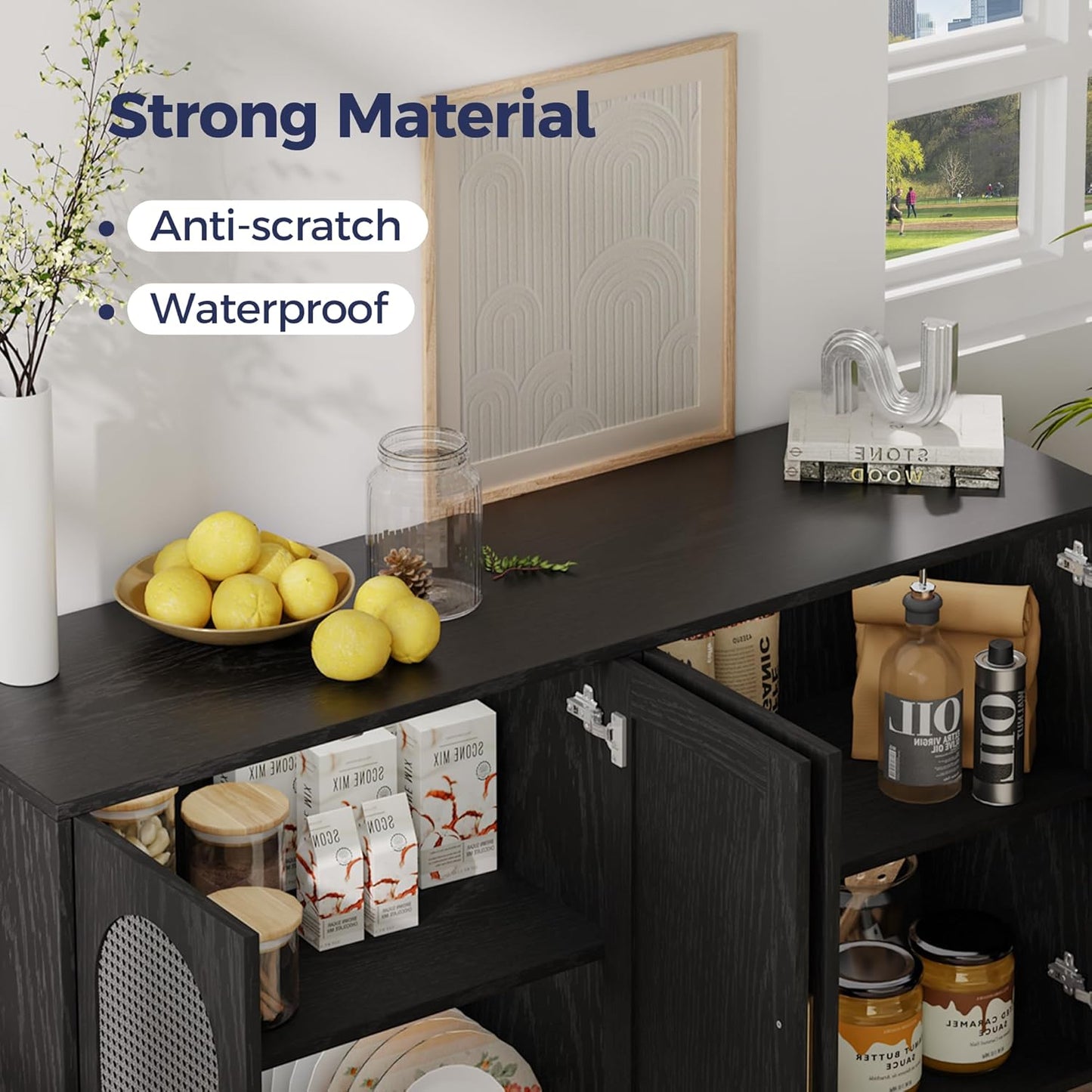 Rattan Cabinet, Mid-Century Modern Buffet Cabinet with 4 Rattan Doors, Black, 47x14x30 inch, Kitchen Sideboard