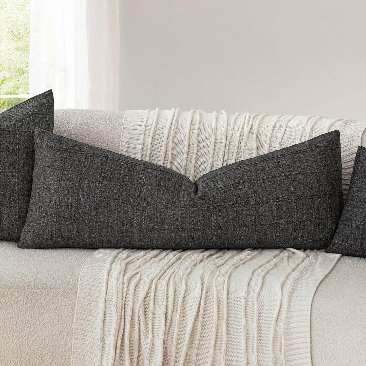 Foindtower Set of 2 Decorative Linen Check Throw Pillow Covers Neutral Long Body Lumbar Cushion Covers Farmhouse Vintage Home Decor For Sofa Chair Couch Bedroom Living Room Outdoor,14×36 Inch,Charcoal