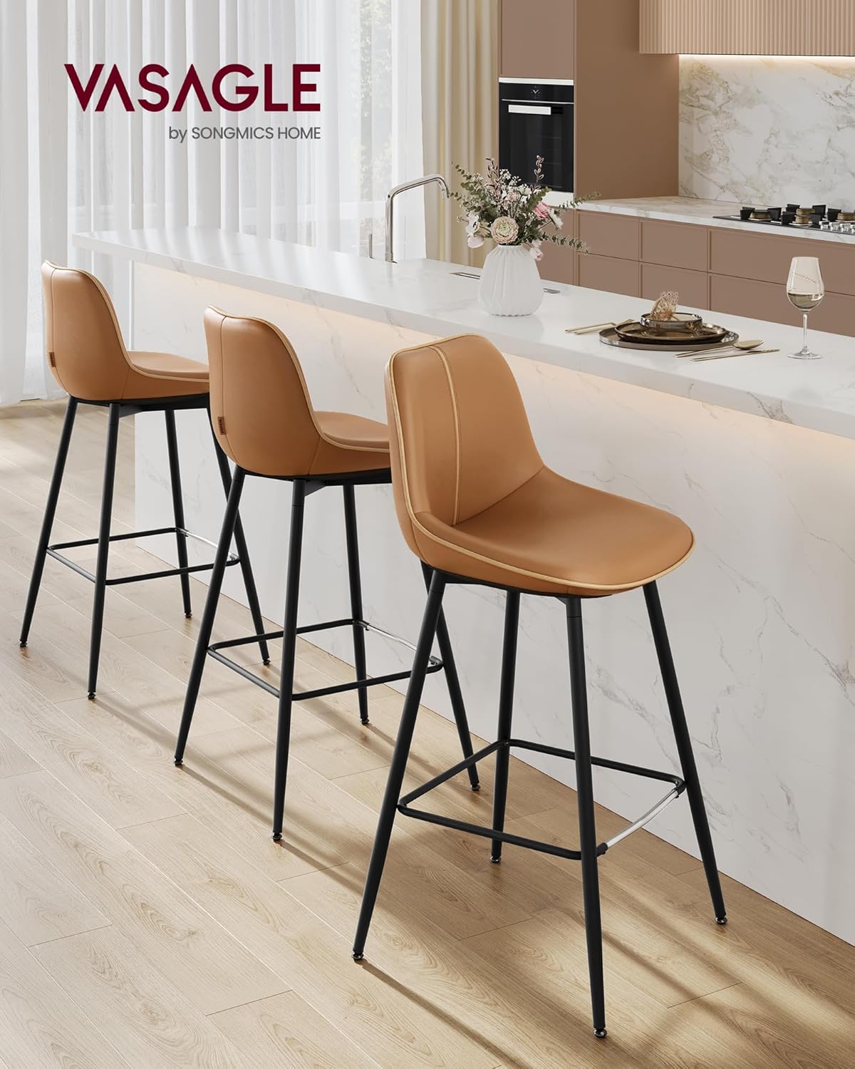 VASAGLE Bar Stools Set of 2, Bar Height Bar Stools with Back, Ergonomic Backrest, Synthetic Leather, Metal Legs, 28.7-Inch Tall Barstools for Kitchen Island Home Bar, Easy Assembly, Caramel Brown