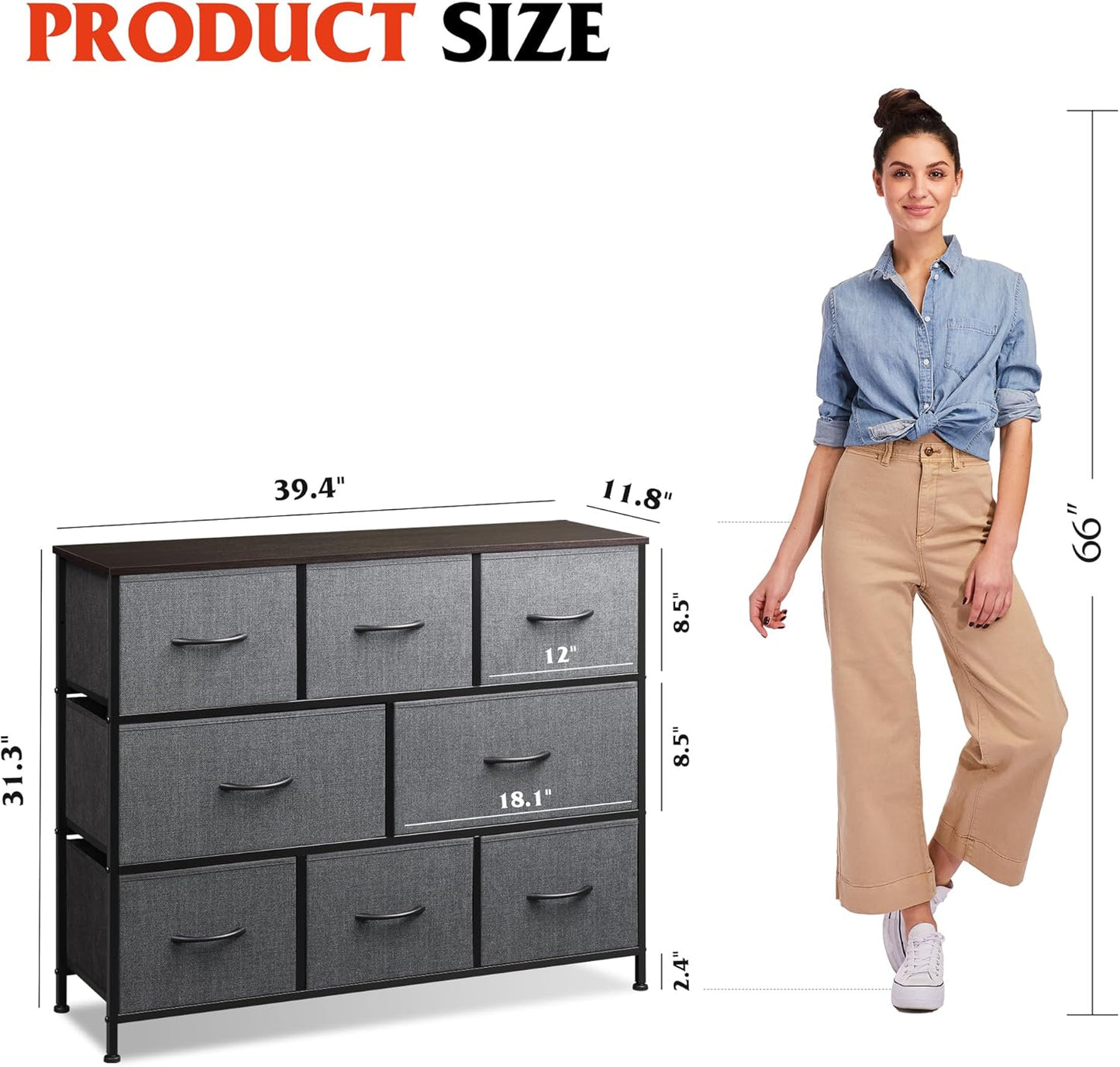 WLIVE 8 Drawer Dresser for Bedroom, Fabric Dresser with Large Storage Drawer Unit for Entryway, Chest of Drawers for Living Room, Dark Grey