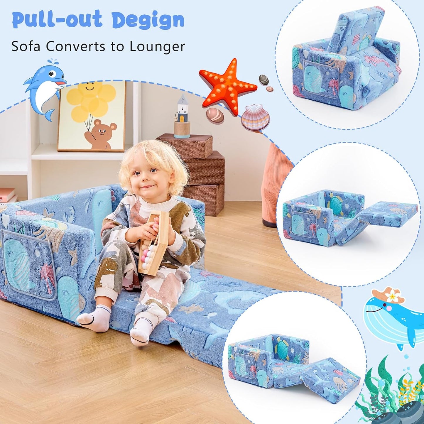 Toddler Chair Comfy,2-in-1 Soft Toddler Couch Fold Out for Kids,Convertible Sofa to Lounger,Gift for Girls and Boys Birthday,Ocean