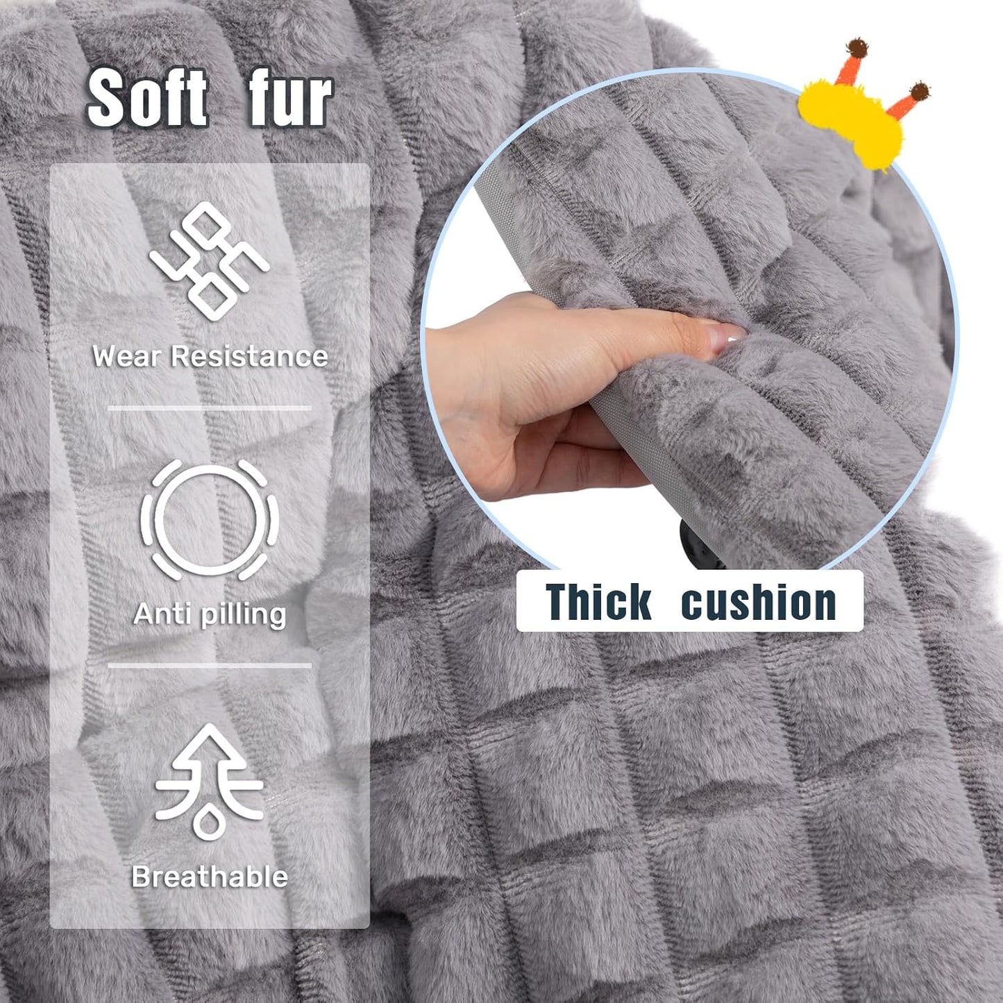 HollyHOME X-Large Saucer Chair with Foldable Ottoman, Comfy Oversized Folding Chair and Folding Footrest Stool Set, Faux-Fur Reading Chair and Footstool for Living Room, Blue&Grey Chair&Stool