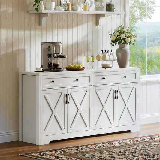 61'' Farmhouse Sideboard Buffet Cabinet with Storage, Large Kitchen Storage Cabinet with Barn Doors Drawers, White Coffee Bar Table for Dining Room Kitchen