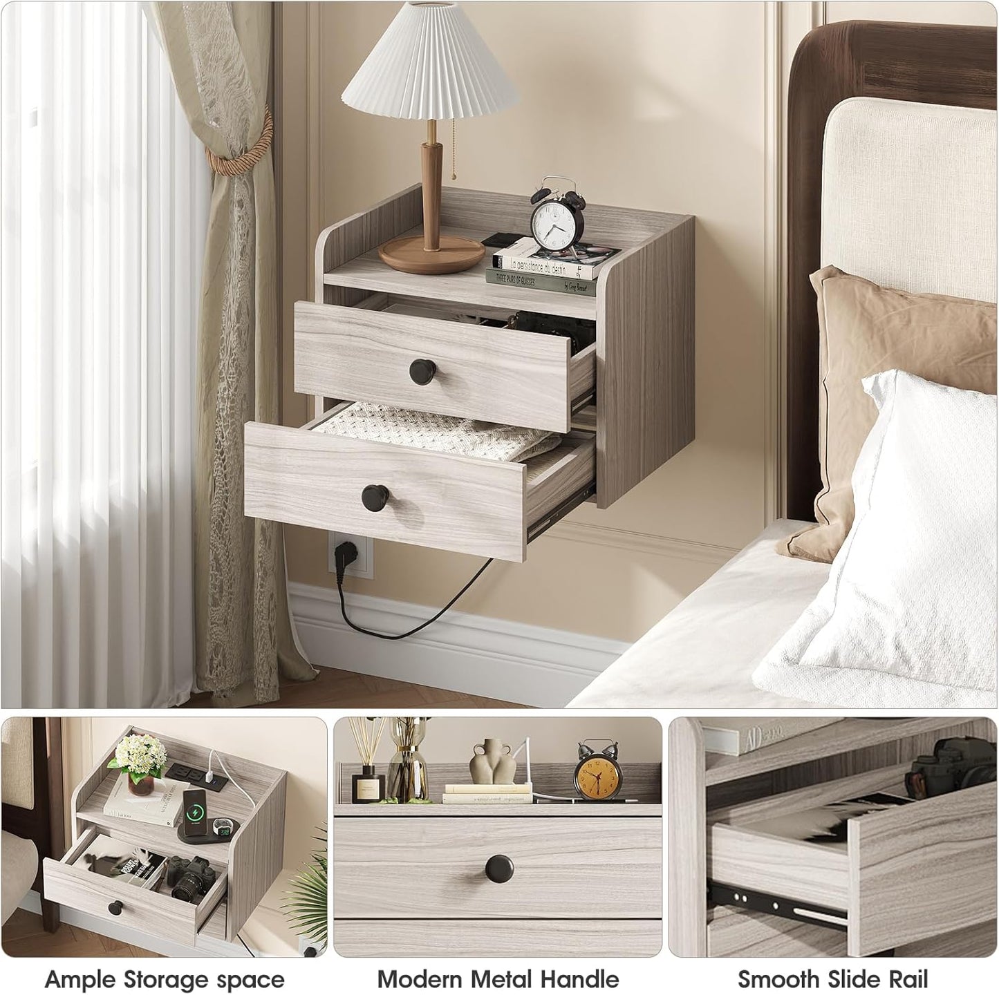 Floating Nightstand Set of 2 with 2 Storage Drawers and Charging Station Wood Wall Mounted Bedside End Table Modern Night Stands Set 2 for Bedroom,Small Space,Grey Black