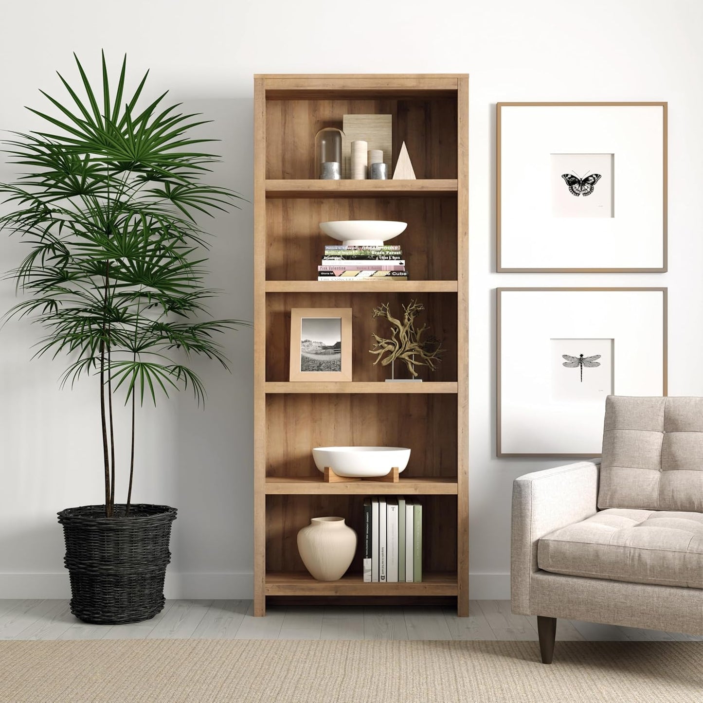 Prepac Moda 5-Tier Tall Wooden Bookcase, Oak Storage Cabinet, Display Cabinet, Bookshelf with Storage Shelves 31.75" W x 80" H x 12" D for Home Office, Living Room, Bedroom Organizer