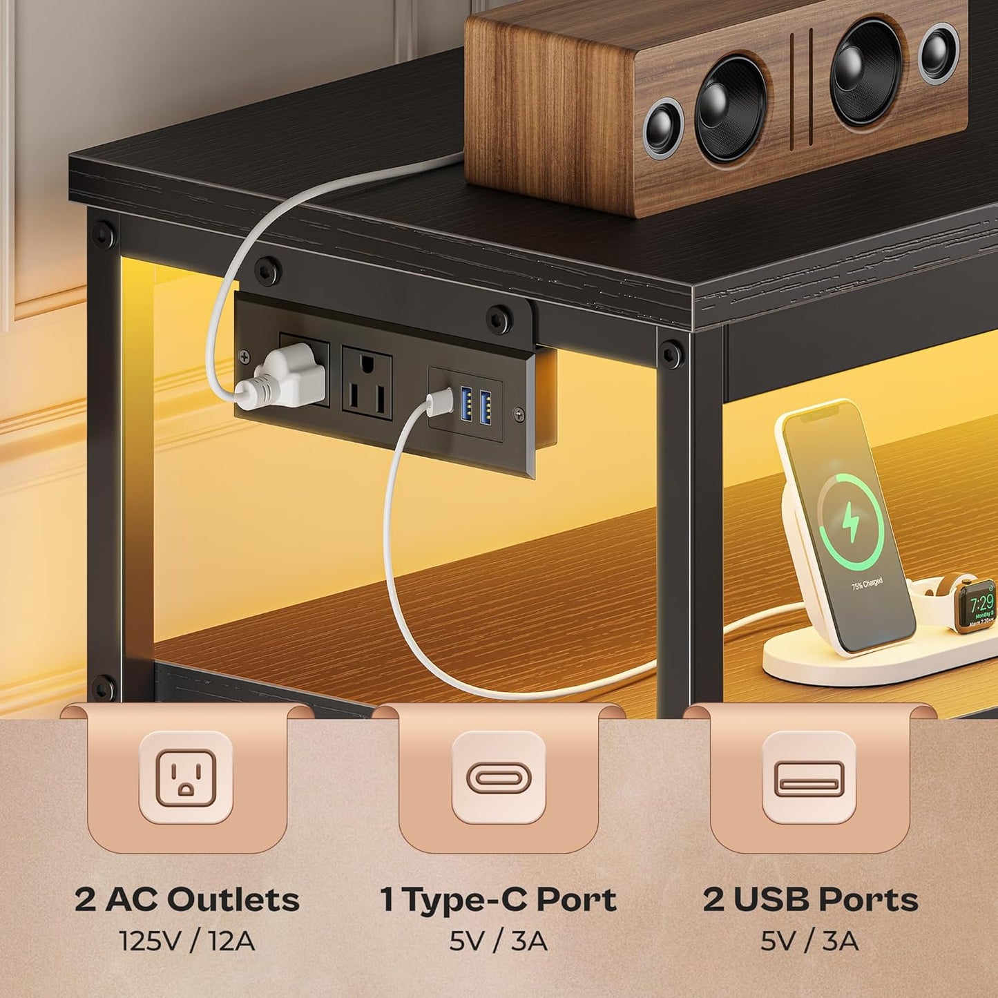 Huuger LED TV Stand for Bedroom, 47 Inch Dresser TV Stand for 43, 50, 55 Inch TV, Black TV Stand with Storage, Entertainment Center with Power Outlets, 6 Drawer Fabric Dresser for Living Room