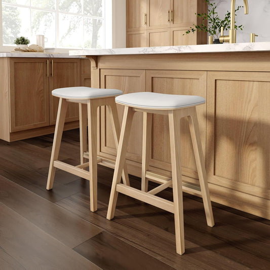 Plank+Beam Beryl Counter Height Stool - Mid-Century Modern Rubberwood Bar Stool with Faux Leather Seat, Metal Footrest, Easy Assembly, 2-Pack, Blonde/Sesame