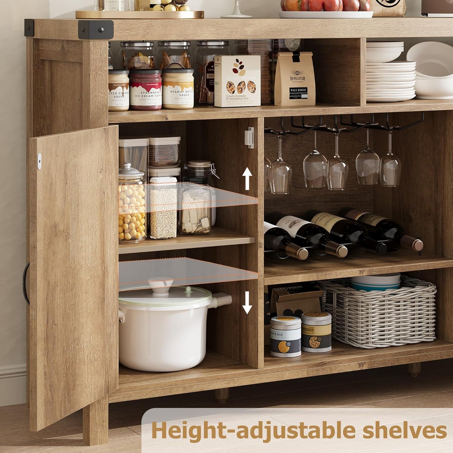 IDEALHOUSE Rattan Buffet Cabinet with Storage, Rattan Wine Bar Cabinet, Sideboard with Glass Holder, Adjustable Shelves, Coffee Bar Cabinet for Living Room Dining Room Hallway, Natural