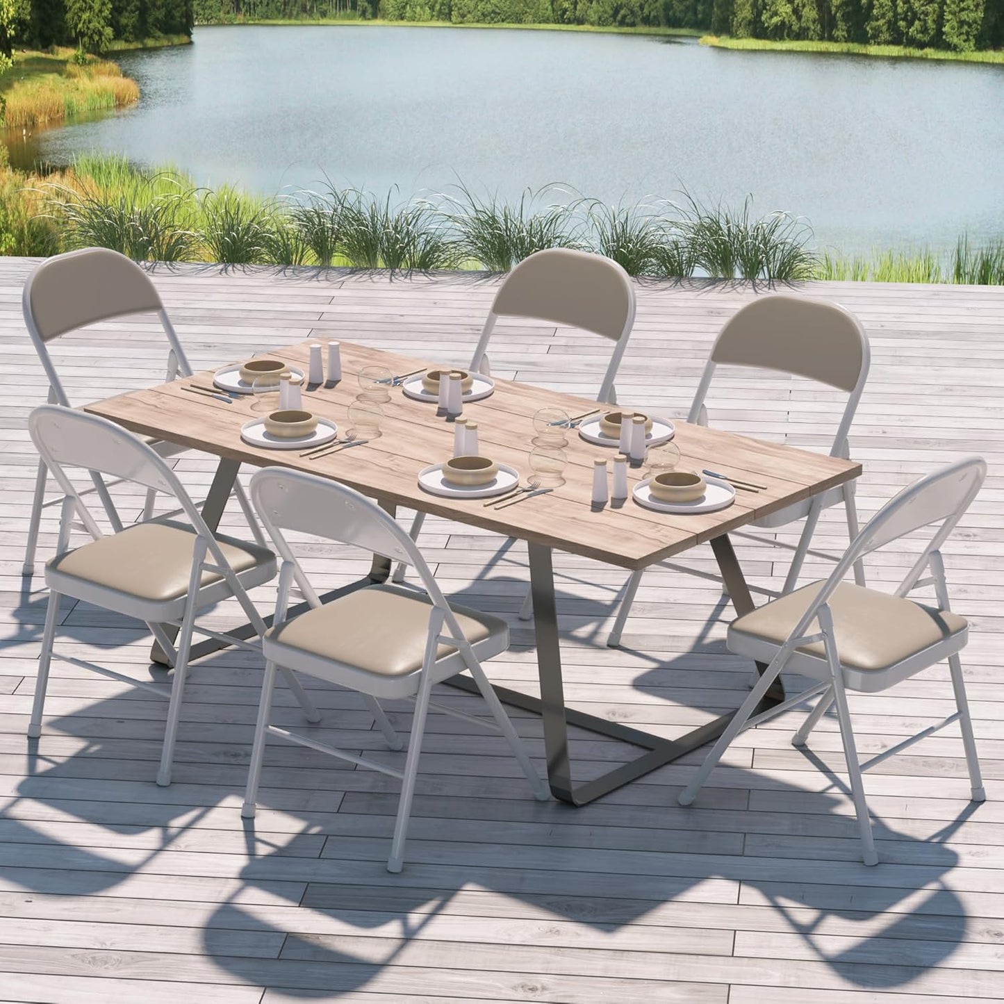 VECELO 4-Pack Folding Chairs Portable Metal with Ultra Soft PU Padded Cushion Seats for Home Office, Beige