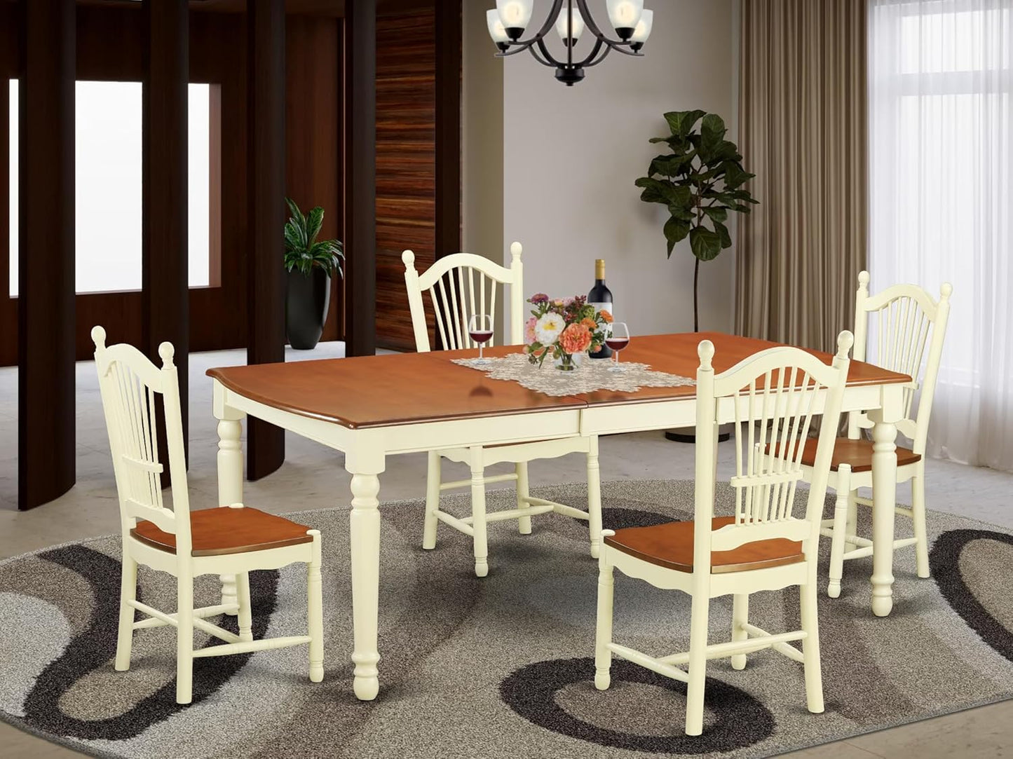 East West Furniture DOVE5-WHI-W 5 Piece Modern Dining Table Set Includes a Rectangle Wooden Table with Butterfly Leaf and 4 Kitchen Dining Chairs, 42x78 Inch, Buttermilk & Cherry