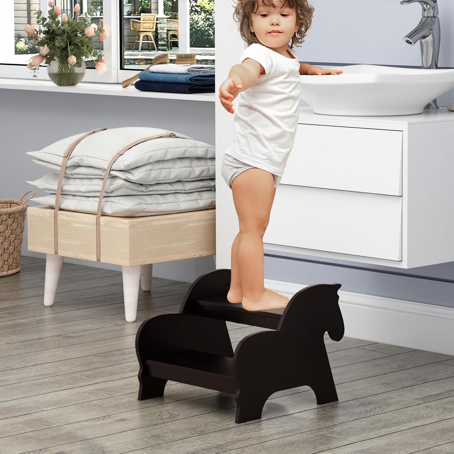 Wood Step Stools for Kids, Child Two Step Stool of Horse Shape, Toddler Step Stools Potty Training Stool, Easy to Move Safety for Kitchen, Bathroom, Bedroom, Toilet