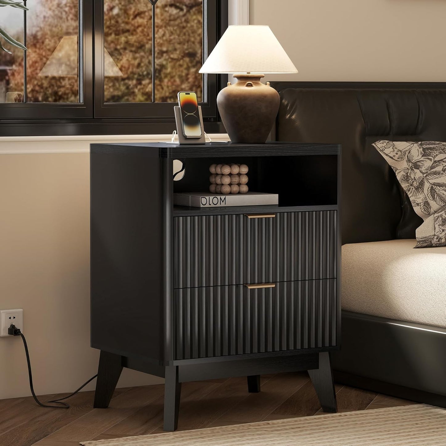 Fluted Nightstand with Charging Station, 19.7 inch Wide End Table with 2 Drawers, Modern Wood Bedside Table for Bedroom, Black