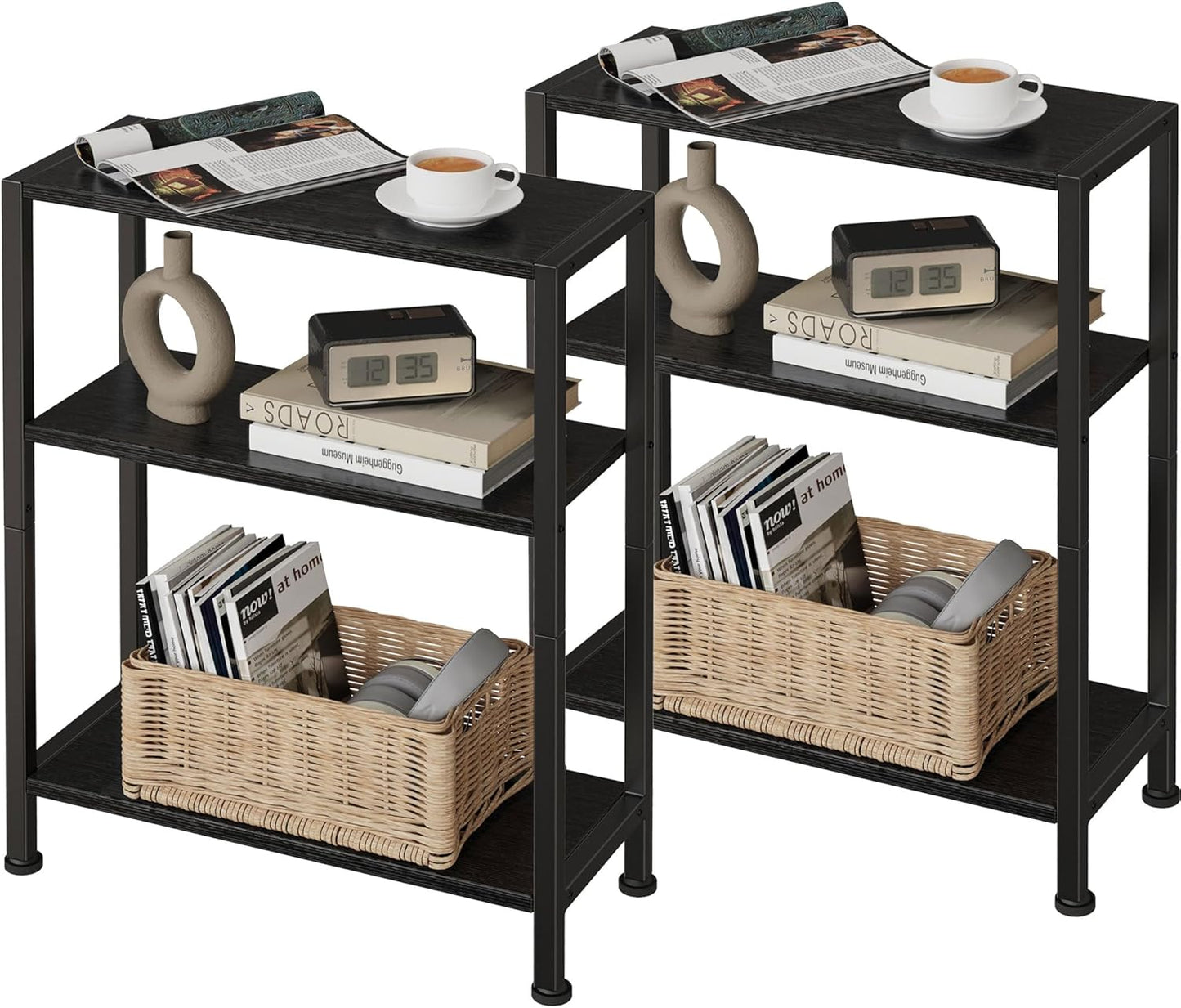 3-Tier Side Table Set of 2, Small End Table, Sofa Side Table for Narrow Spaces, Slim End Table, Nightstand Table, for Living Room Bedroom Office, Black