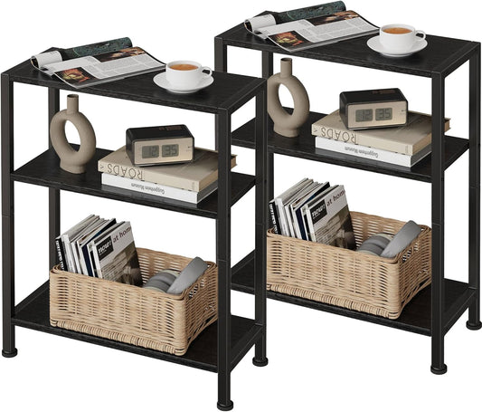 3-Tier Side Table Set of 2, Small End Table, Sofa Side Table for Narrow Spaces, Slim End Table, Nightstand Table, for Living Room Bedroom Office, Black
