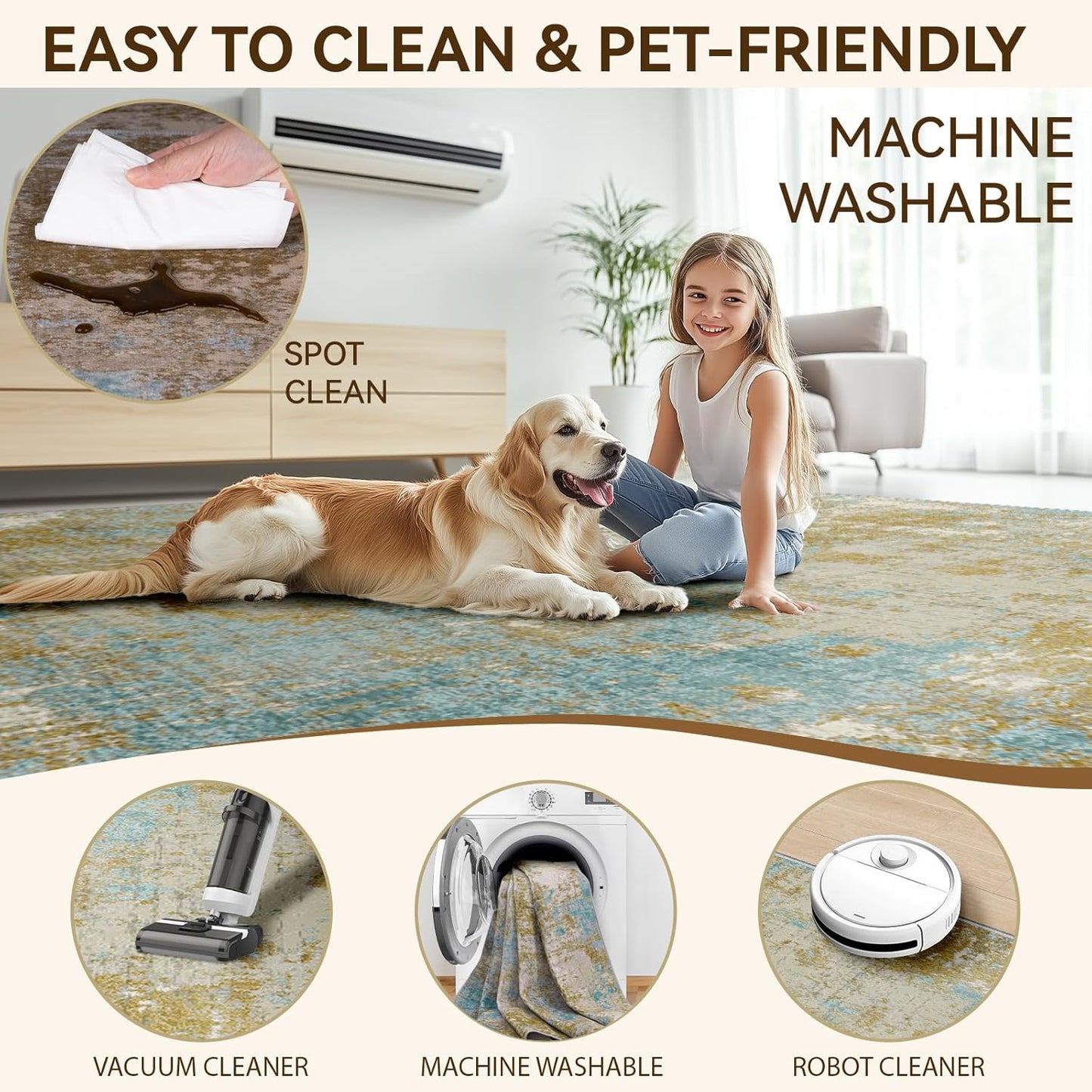 Washable Area Rugs 9'x12' Non-Slip Modern Abstract Soft for Living Room Entryway Bedroom Nursery, Print Pattern, Teal Blue Taupe