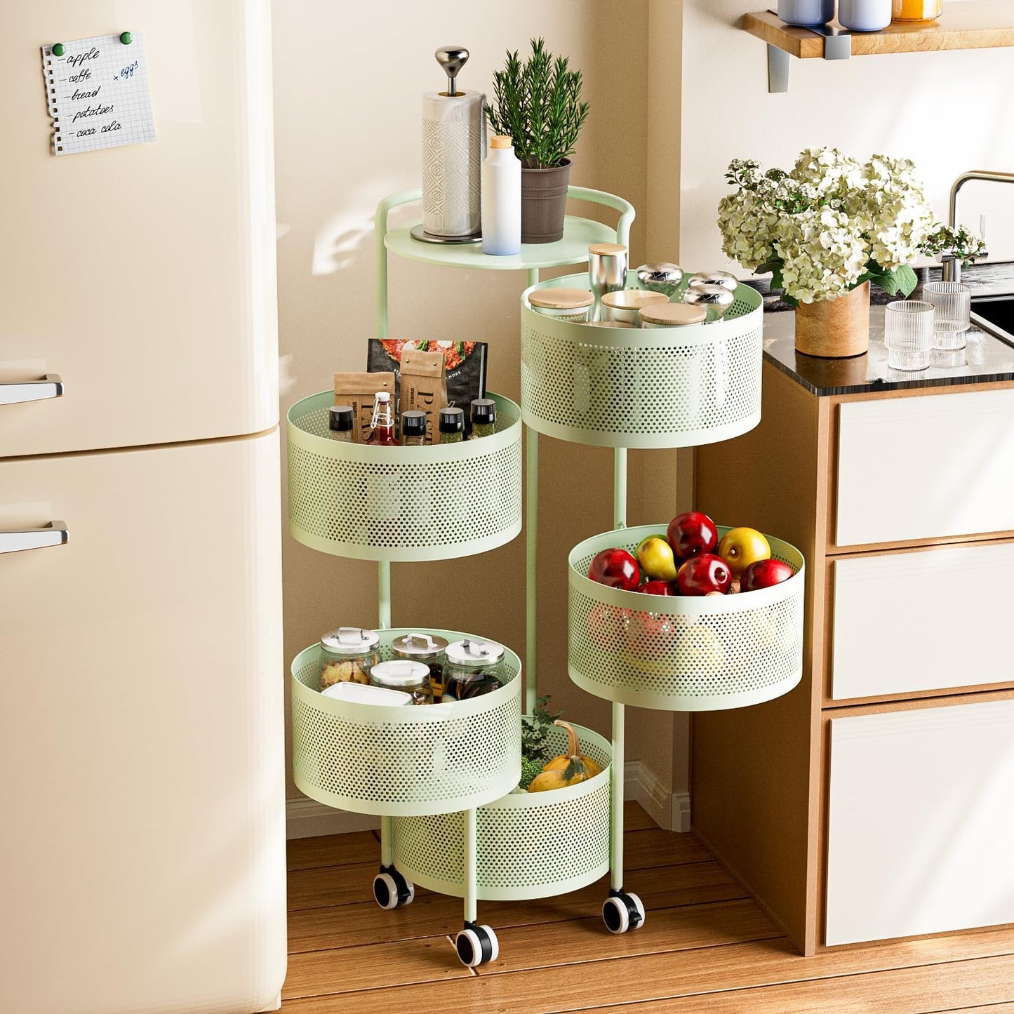 JAQ Rotating Fruit Basket, 5-Tier Metal Sturdy Kitchen Storage Rack Shelf Carts No Assembly on Rolling Wheels for Fruit Vegetable Grocery Corns Potato Onion (5-Tier, Green)