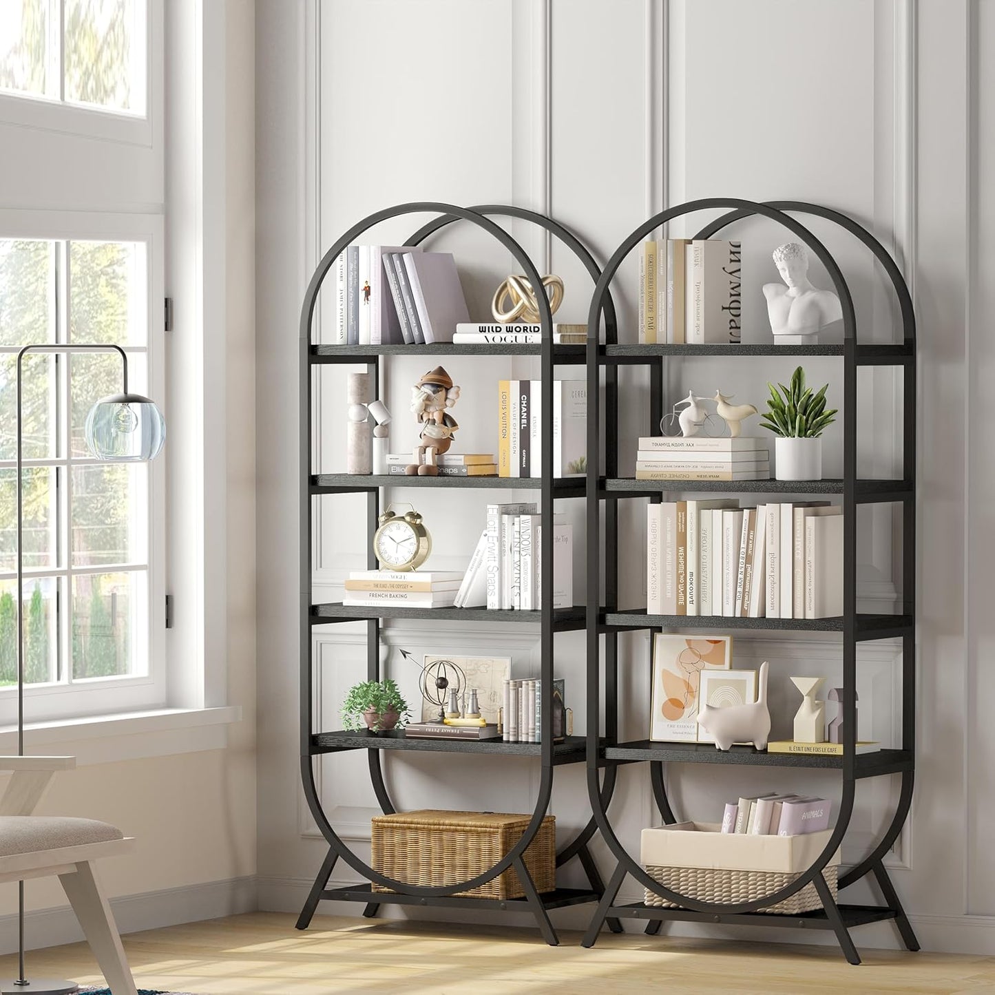 Bookshelf Arched Bookcase Set 2, 5 Tier Open Freestanding Display Shelf for Home Office, Living Room, Black