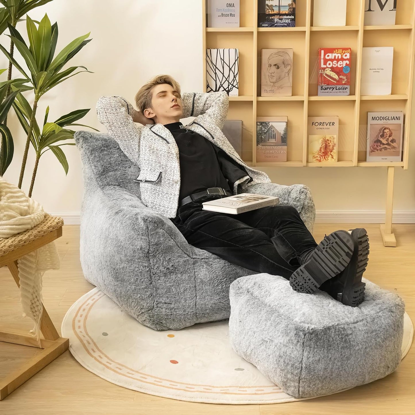 Bean Bag Chair with Ottoman, Armrest Bean Bag Chairs with Filler, Ultra Soft Fluffy Faux Fur Bean Bag Chair with Foot Rest, Plush Lazy Sofa with Foot Stool for Living Room, Dorm