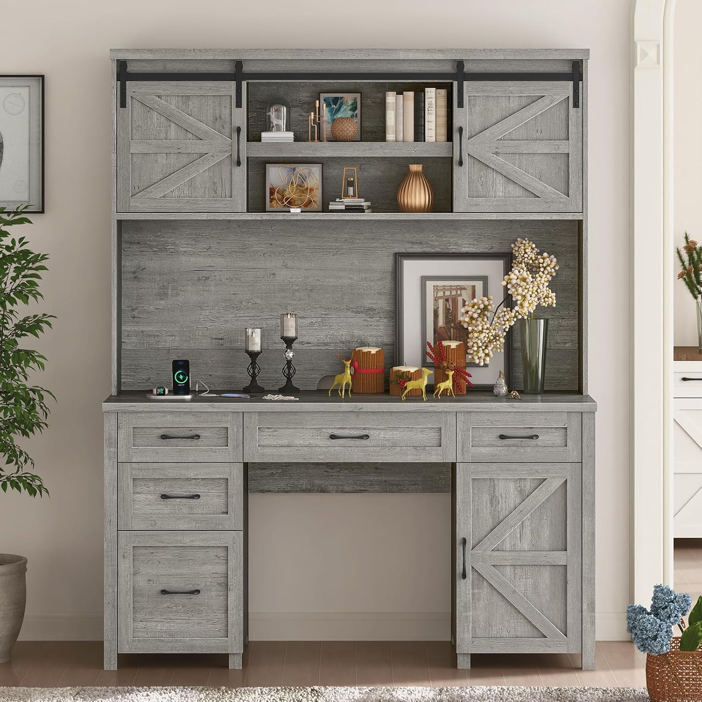 67''H Farmhouse Executive Desk with Hutch & 5 Drawers, Rustic Office Desks Computer Desks with Charging Station, File Drawers and Storage Cabinets, Wood Workspace for Home Office & Study,Grey.