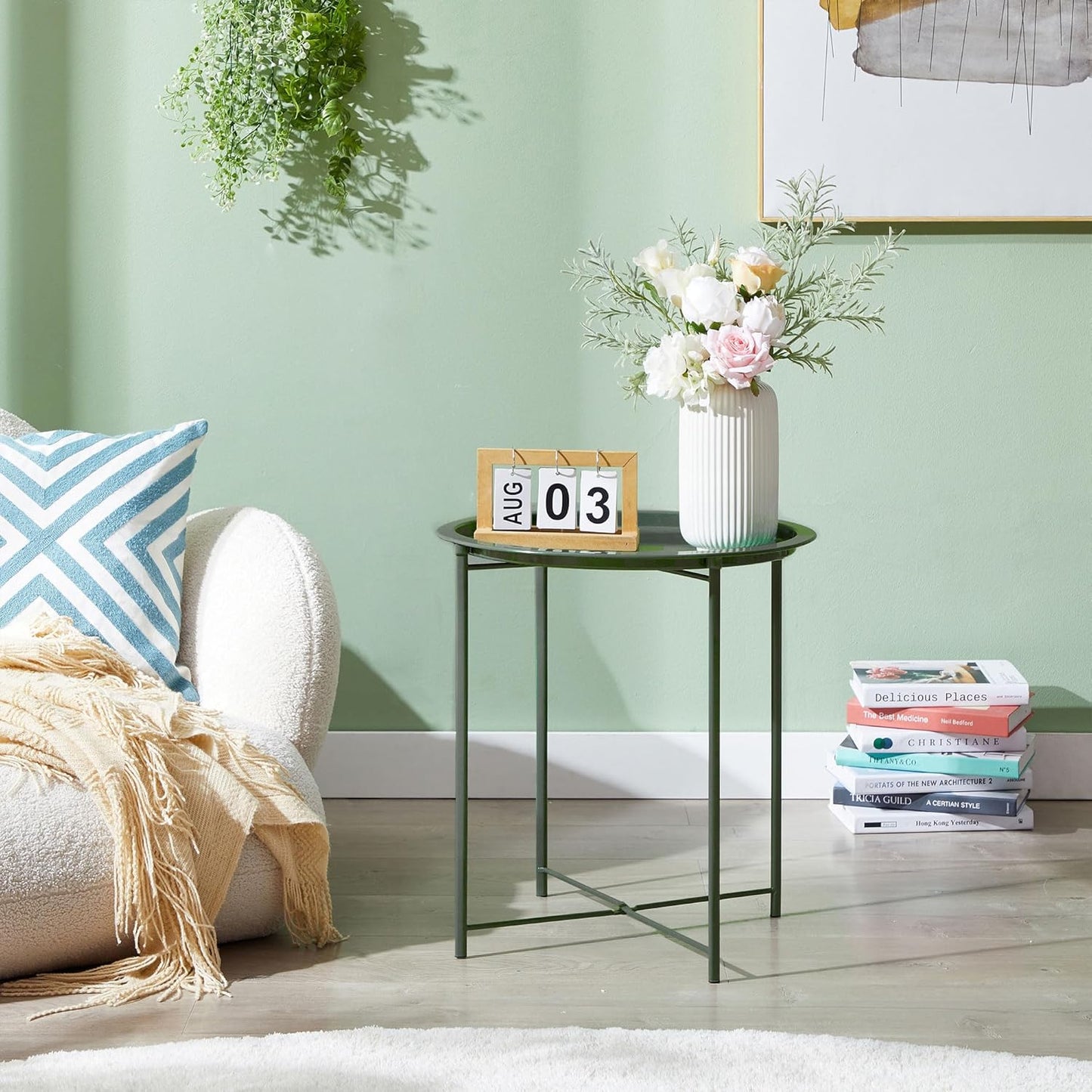 VECELO Side/End Table, Folding Round Metal Anti-Rust and Waterproof Outdoor or Indoor Tray for Living Room Bedroom Balcony and Office, 1 PCS, Dark Green