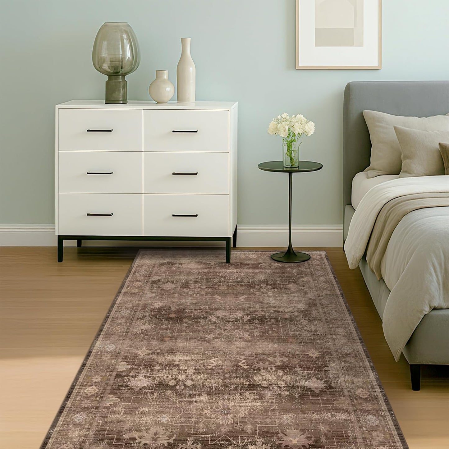 Boho Taupe Brown 4x6 Living Room Rug - Modern Traditional Oriental Neutral, Washable Low Pile Non-Slip Small Area Rugs for Entryway, Bedroom, Foyer, Mudroom