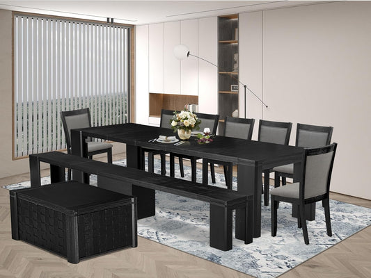 X07MZ-BC6-50 - 10-Pc Dining Table Set a Kitchen Table with a coffee Table and a wooden Bench & 7 Dark Gotham Grey Fabric Dining Chair, 39x120 Inch, Wire Brushed Black